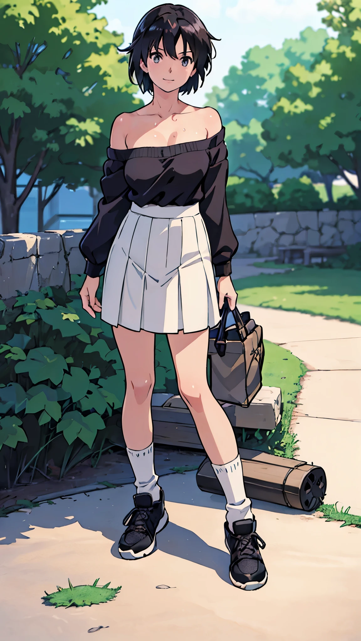 (Best Quality,4K,8K,hight resolution,masutepiece:1.2), Ultra-detailed, (Realistic,photoRealistic,photo-Realistic:1.37), meadow girl, ((Wearing sweat)),((grin)),hand on hip,((casual fashion,off shoulder tops,maxi length skirt)), wristbands,((loose socks1.8)),((Black sneakers1.8)),Beautiful detailed eyes, Beautiful detailed lips, extremely detailed eye and face, long eyelashes, Realistic anime 3D style, Smooth Anime CG Art, Digital rendering by Makoto Shinkai, Moe Anime Art Style, photoRealistic rendering of an anime girl, Shinkai Makoto style, Cute anime girl visuals, Realistic young anime girl, girl fan art, Created by Anime Artist&#39;studio of.