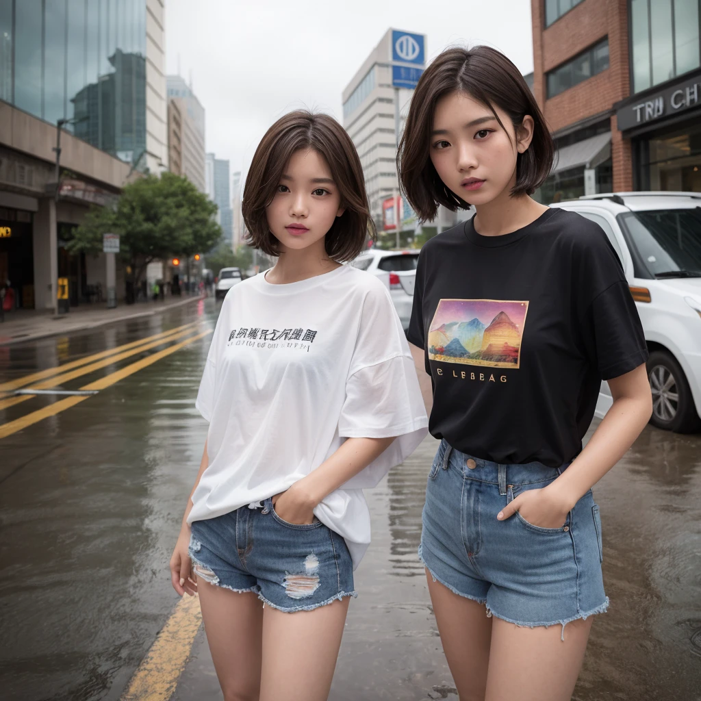 woman、(((one person)))、cute、、Brown Hair、Short Bob、Wet Hair、Touching your hair、rain、D cup bust、t-shirt、shorts、Wet clothes、Transparent skin、rain、Water Drop、Cloudy、rain雲、Street Corner、Building district、skyscraper、cowboy shot、highest quality、Super detailed、Very detailed、Detailed Background