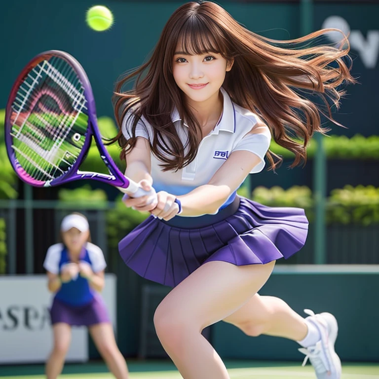 Photo-realistic quality、She is wearing a lilac skirt and swinging a tennis racket.20Age idol, A girl playing tennis, White top tennis wear,Japanese model playing tennis, Realistic rackets, Detailed and beautiful eyes、looking at the camera、A soft and gentle look、Cute Smile