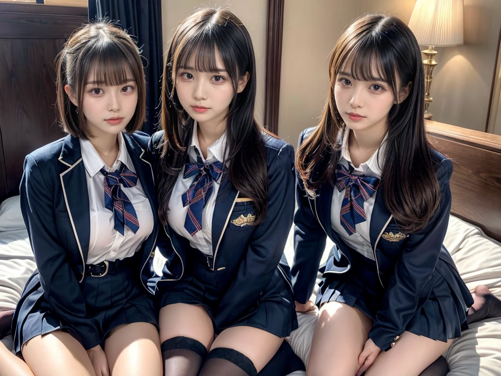 muster piece, best quality, illustration, Super detailed, fine details, High resolution, 8K,wall paper, perfect dynamic composition,(Details High quality, realistic depiction of eyes:1.3), ((2 girls, 2 schoolgirls)), The background is a luxury hotel room、High school girl uniform、blazer 、Super Short Check Uniform Skirt、Navy blue high socks、garterbelts、Colossal tits、Disturbed uniform, Play with each other,Touching each other's bodies,Touching the body of the girl next door, short bob hair, black hair color, huge breasts, Big Natural Color Lip, bold sexy pose, (perfect body shape), crying a little、cold gaze,  Harajuku style、Beautiful makeup,glitter makeup,Cutest 18 years old, beautiful legs, hposing Gravure Idol, Voluptuous thighs