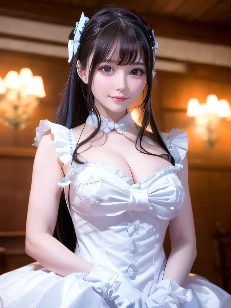 Japanese,Realistic, masterpiece, Final details, photo Realistic, Intricate details, Physically Based Octane Rendering, 8k, One girl, Perfect face, Beautiful Face, NSWF, Trough Reference, Hair Details,, black bow, black gloves, Black Legs, blue eyes, Blue Hair, bow, clavicle, dress, Drill Hair, Frills, Frills, gloves, Gwen, headdress, High resolution, Long Hair, Lips parted, Puffy sleeves, Clear eyes, smile, alone, white dress, beautiful silky skin,