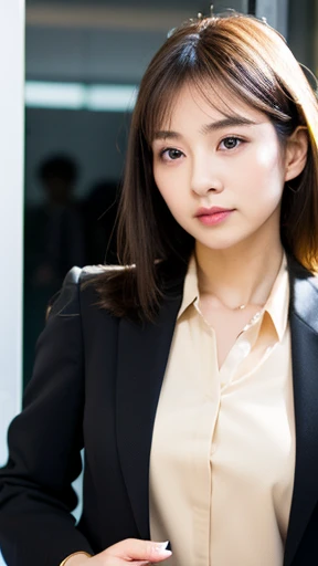 Pure girl, OL, Purely Japanese characteristics, A little plump, light makeup, , Natural and realistic eyes, office, Black business suit, White skip-collar blouse, Beige pantyhose, Black pumps