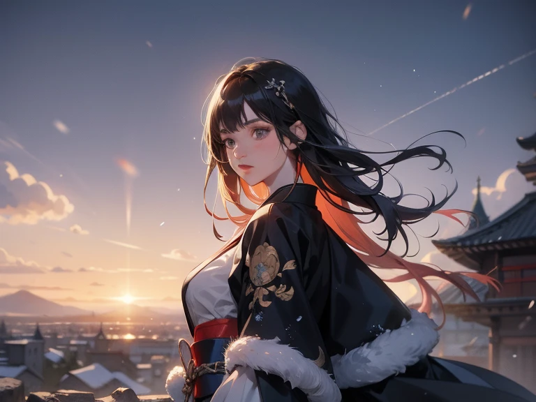 masterpiece, best quality, (Very detailed CG unit 8k wallpaper) (best quality), (Best Illustration), (Best shadow) (male), Wolf on the cliff, View of Ashina Castle, Feudal Japan, Ray tracing, Harsh environment, Super detailed, , Impressionist style--v6 Elania Haywind,Highest image quality,Outstanding details,Ultra-high resolution,(Honesty:1.4), Attention to detail,Features,dawn,snow,winter,Behind is the wizard's sword,He has a delicate and beautiful face,((Red and white semi-mechanical body:1.8)),Sexy highlighted,front,cyberpunk characters,Futuristic,mechanical aesthetics,Virtual Engine 5,Perfectly detailed rendering,Octane Rendering,Ultra HD
