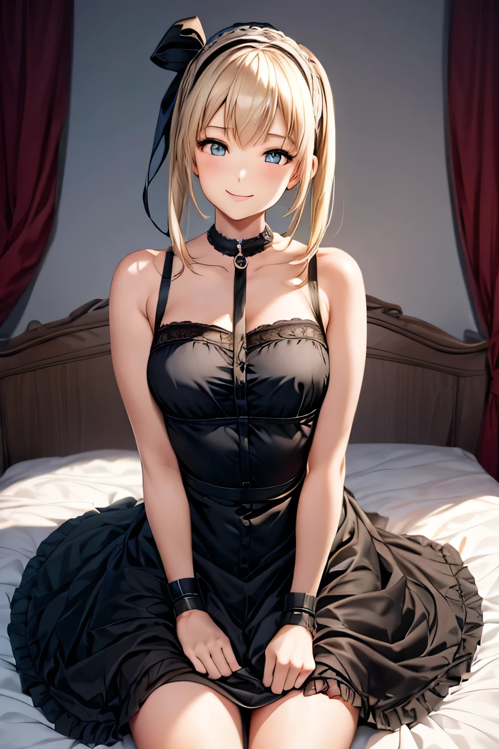 Marie Rose, black dress, bedroom, day, smile, sit, high quality, masterpiece 