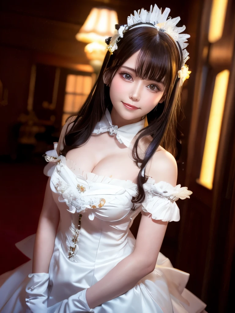 Japanese,Realistic, masterpiece, Final details, photo Realistic, Intricate details, Physically Based Octane Rendering, 8k, One girl, Perfect face, Beautiful Face, NSWF, Trough Reference, Hair Details,, black bow, black gloves, Black Legs, blue eyes, Blue Hair, bow, clavicle, dress, Drill Hair, Frills, Frills, gloves, Gwen, headdress, High resolution, Long Hair, Lips parted, Puffy sleeves, Clear eyes, smile, alone, white dress, beautiful silky skin、Eye highlights、Lens flare、