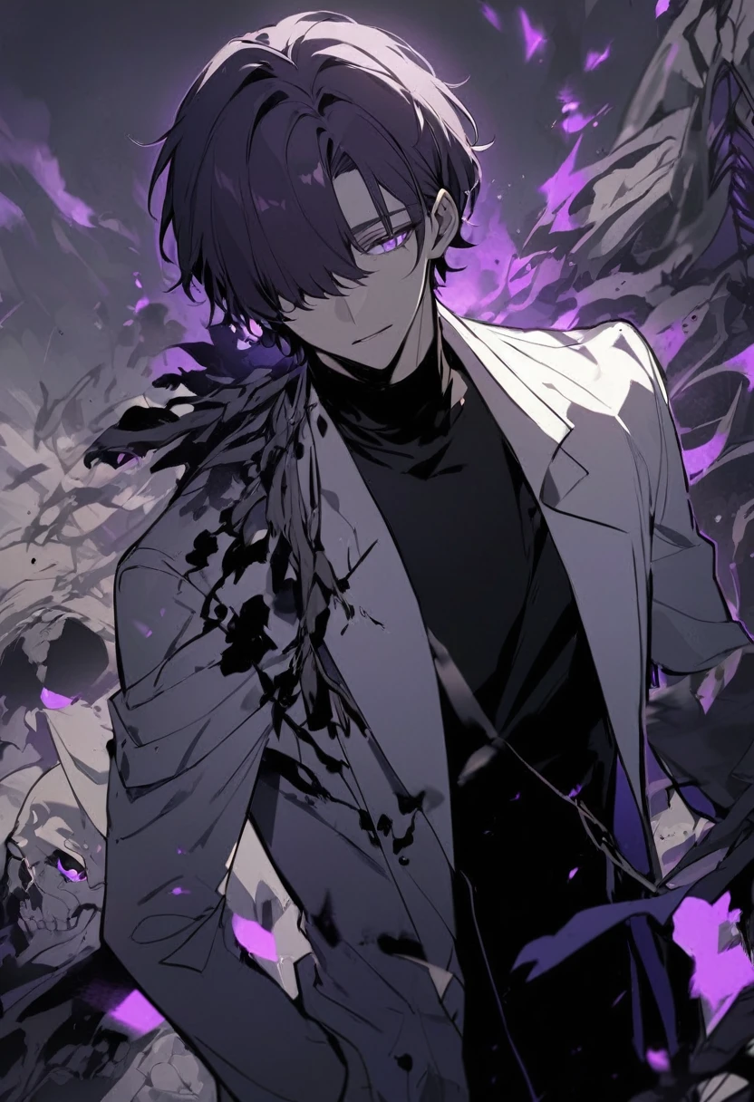 good looking, alone, male, short hair, Hair covering the left eye, Dark lavender hair, Purple eyes, Remains, Black Shirt, Black Pants, black and white coat