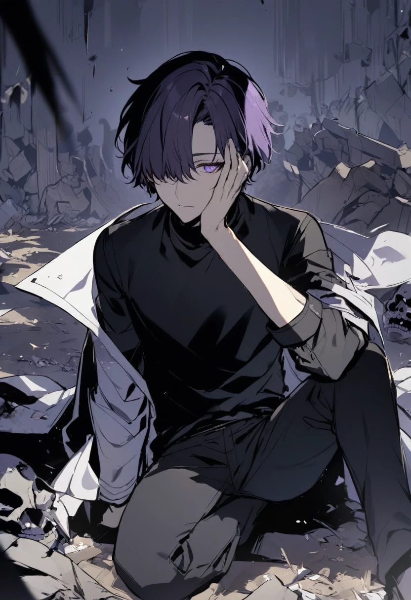 good looking, alone, male, short hair, Hair covering the left eye, Dark lavender hair, Purple eyes, Remains, Black Shirt, Black Pants, black and white coat