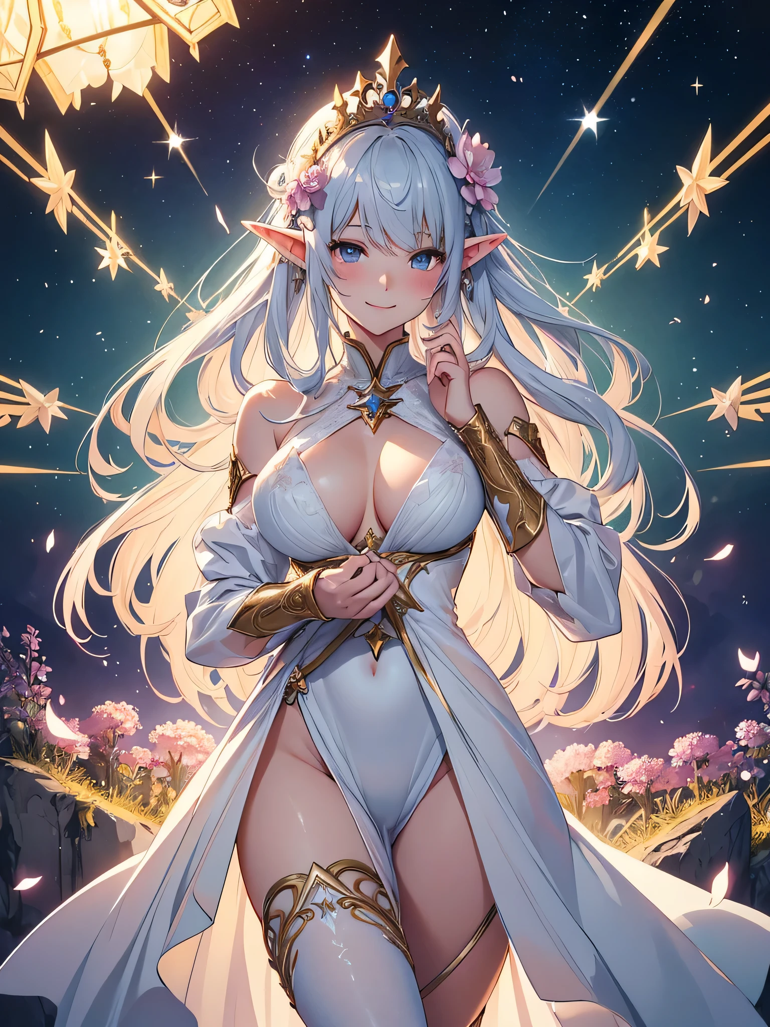 最high quality、1 womanエルフ NP: Worst quality ,Flower fractal art Beautiful radiance,High-definition depiction, Realistic, 8k, Unity, Wide Shot, light smile, Beautifully and vividly drawn, , Beautiful, beautiful, clear skin、sexy see-through bodystocking,Countless rays of light pouring down, Swirling Light, big background, Raise one arm above your head, Intense light is emitted from the magic circle in front of the girl.
Romanticism,Cowboy Shot: The most beautiful form of chaos, Mr..々color, Intertwined flowers, Particle,magical gentle light,smile,sexy,image quality、masterpiece、Beautiful Face、Super beautiful elf woman((Big breasted 22 year old office lady、Nipples、Bust 90,Beautiful long ironed hair、silverhair,height: 165cm。、sexy、Esbian、、high quality、、background((Star Narski)))、Starry Sky、Visual art、Written boundary depth、、Elf Ears、、universe、Happy smile、Gentle light、Elf forest、elegant、ticker beautiful decorative、、magic、forest、Beautiful tiara、Beautiful bed、Beautiful Landscape、A kind smile、wonderful、Fluttering petals、Dance happily、、Cultivate fantasy、、Mystery light Lots of flowers、、art、art,mystery,Ultra-high resolution,atmosphere