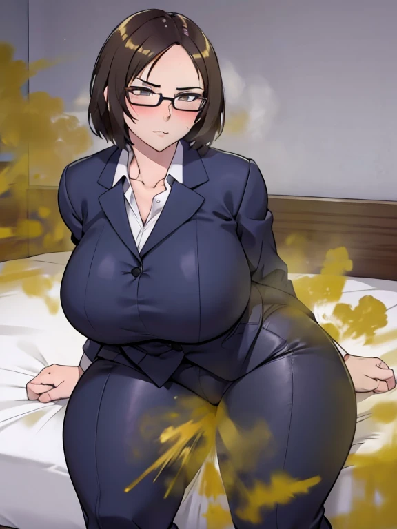 Hot woman, Short hair, wearing glasses, milf, milf with big sweaty body, wearing business suit, farting, massive fart, yellow smoke rising, sitting on bed, bedroom