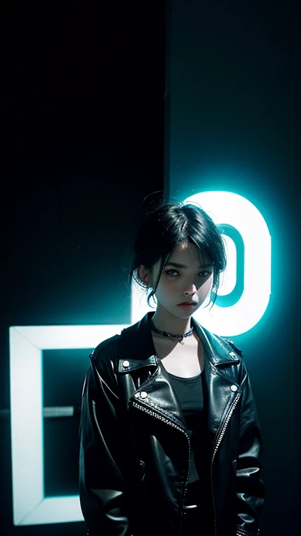 A photo of punk female, a white circle behind it is illuminated in the style of light from inside, black background, 90s aesthetic, film grain, color negative, suspense, nightshot photography