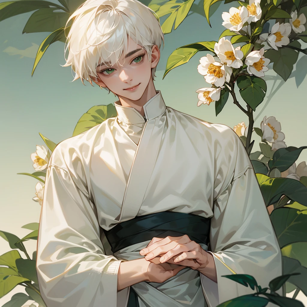 high quality, detailed,
young man , 4K UHD, super detail, best quality, detailed eyes, masterpiece, young ,21years old ,white short hair ,green beautifull eyes,sweet smile ,quiet expression,beautiful smile,casual outfit