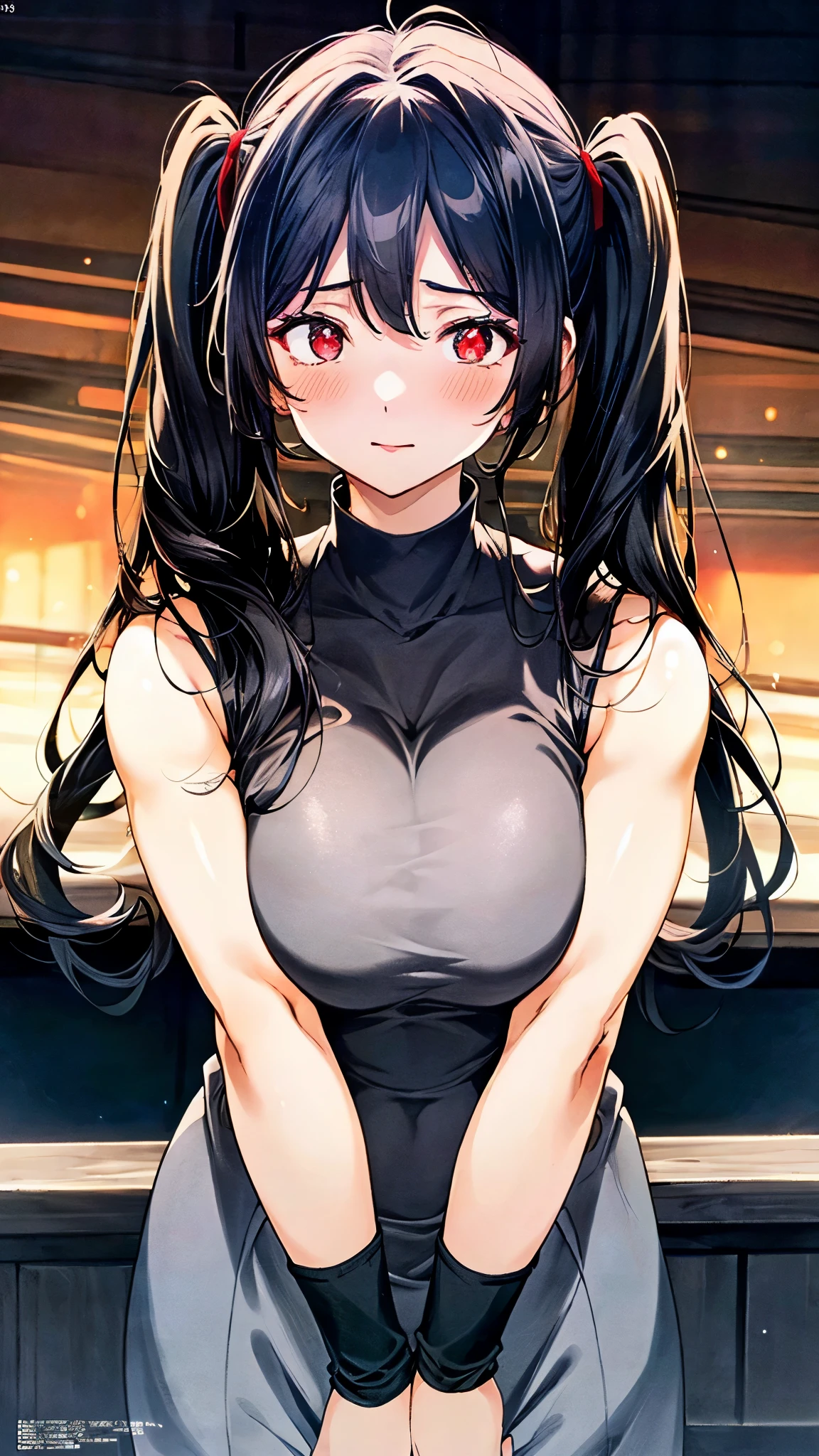 (perfect anatomy),(8k,masterpiece:2.0,megami magazine:1.4,best quality, ultra high resolution, ultra-detailed,beautiful illstration),(natural side lighting, movie lighting),nature,(two arms,two hands,two regs,five fingers),1 woman,20 years old,(long hair:2.0,black hair,twintails,gleaming skin,red eyes,drooping eyes,big eyes,drunken eyes,beautiful detailed eyes),muscular,two huge breasts,sagging breasts,abs,