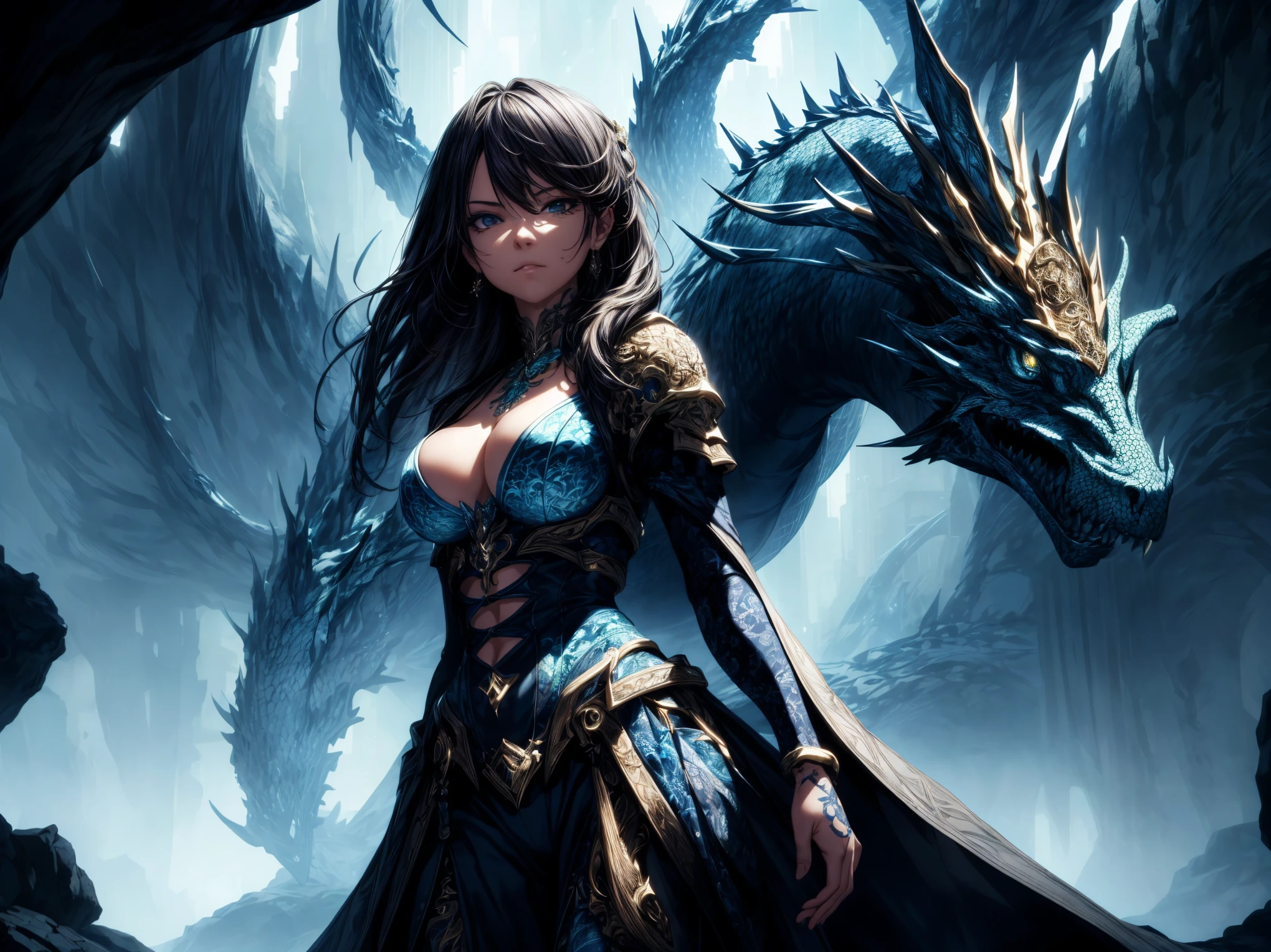 (best lighting) , (super-complex details) , 4K unified, (super-detailed CG: 1.2) , (8K: 1.2),(original), (masterpiece) , (best quality),(Masterpiece:1.4),Anime-ish high quality,(masterpiece),masterpiece, best quality, absurdres,((Masterpeace, 4k, 8k, highres)),(masterpiece), (best quality), (ultra-detailed), (an extremely delicate and beautiful), ((cowboy shot)), 1 woman, ,1girl, extremely detailed girl, busty girl, girl with tattoos,detailed tattoos, girl with dragon, dragon in background, dramatic lighting, cinematic composition, dark fantasy, high contrast, saturated colors, dramatic pose, intricate details, digital art, concept art, photorealistic, 8k, best quality, masterpiece,normal_woman, model_pose, (hand_in_waist:1)
