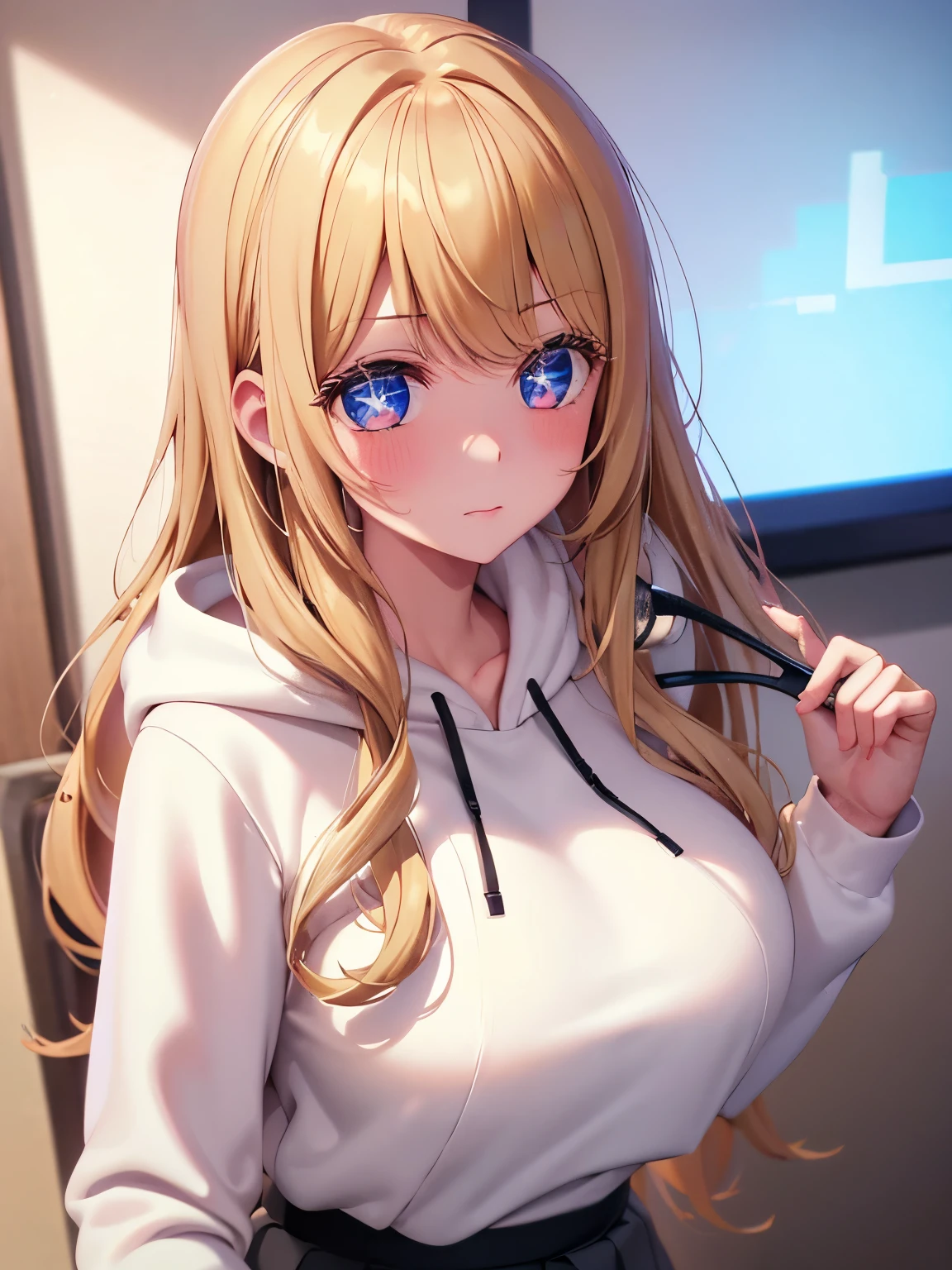 1woman,super beautiful,Standing,blush,tired expression, close up photo,Beautiful eyes, very detailed face,cute, tennis skirt,HD face, perfect face, white hoodie,long hoodie,black mini skirt,Very big breasts,Blonde hair,long hair,wavy haie,bangs,blue eyes,ultra detail,ultra Hd, masterpiece,4k