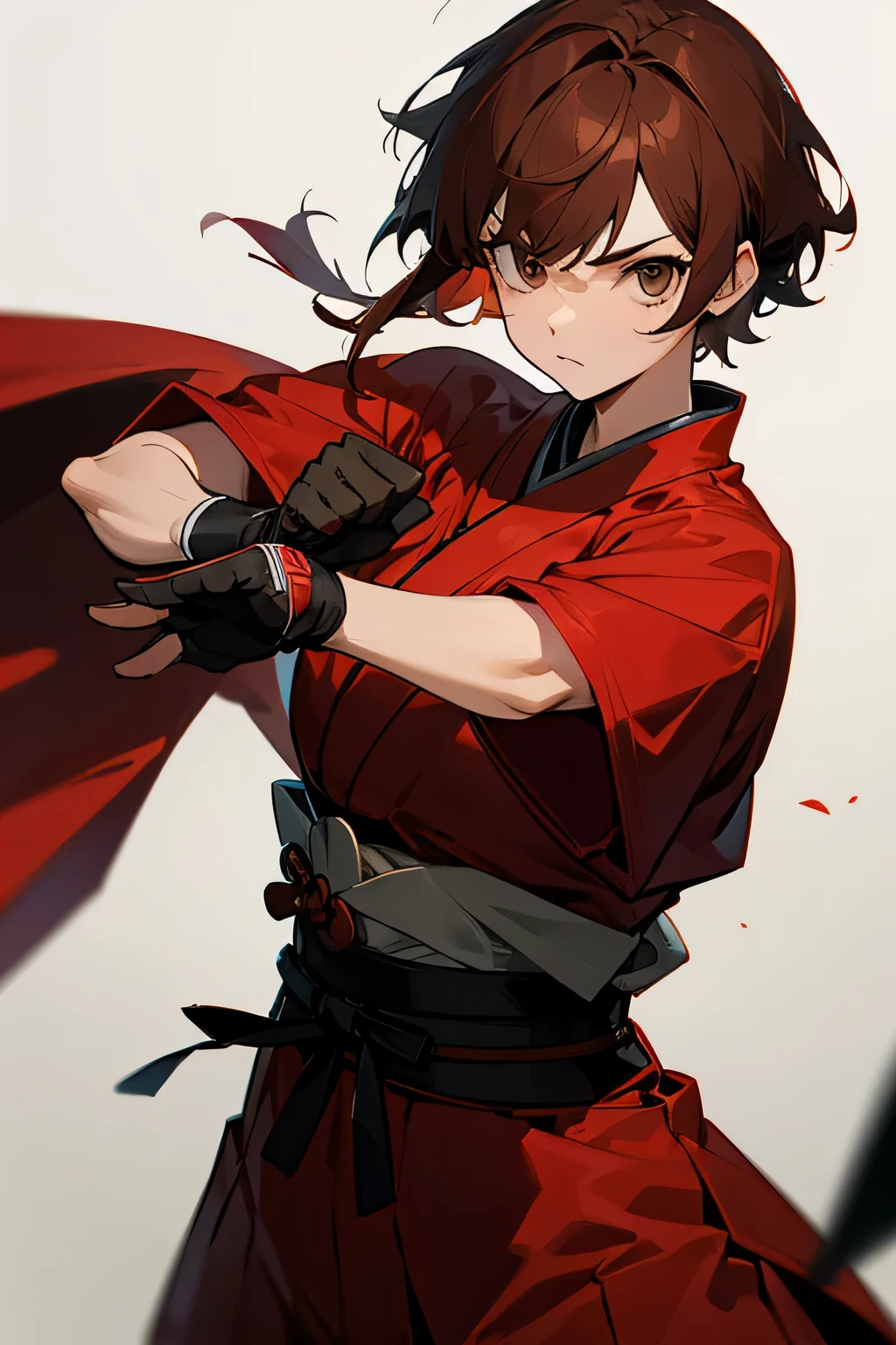 Red-brown hair, short hair, female boxer, gloves, samurai uniform
