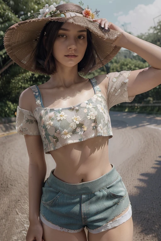((best quality, 8ก, Masterpiece: 1.3)), (flower hat: 1.3), Point of interest: 1.2, perfect body beauty: 1.4, bottom: 1.2, (Layered haircut: 1.2)), (dark road: 1.3), Highly detailed facial and skin textures, full body, delicate eyes, Double eyelids, Whiter skin, long hair, (round face: 1.5), (Loose crop top, shorts: 1.6) thailand
