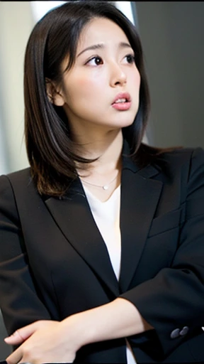 Pure girl, OL, Purely Japanese characteristics, A little plump, light makeup, , Natural and realistic eyes, office, Black business suit, White skip-collar blouse, Beige pantyhose, Black pumps, Angry expression