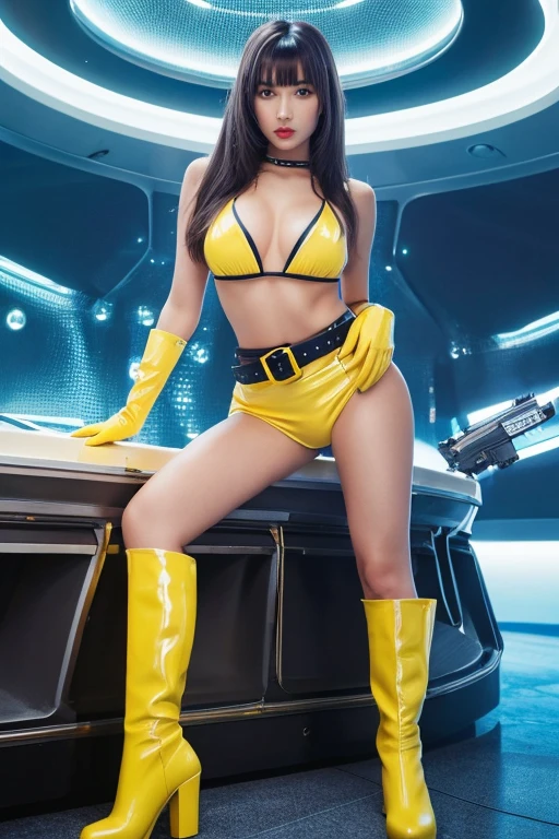 ((highest quality)), ((masterpiece)), (detailed), Perfect face beauty、Bangs、Navy long straight hair、Yellow Futuristic Bikini、Satin gloss、With a ray gun、Dirty Pair、Yuri、Yellow long boots、Yellow Long Gloves、Grey belt、Gun holder、Futuristic city、Inside the spaceship