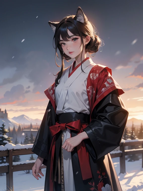 masterpiece, best quality, (Very detailed CG unit 8k wallpaper) (best quality), (Best Illustration), (Best shadow) (male), Wolf on the cliff, View of Ashina Castle, Feudal Japan, Ray tracing, Harsh environment, Super detailed, , Impressionist style--v6 Elania Haywind,Highest image quality,Outstanding details,Ultra-high resolution,(Honesty:1.4), Attention to detail,Features,dawn,snow,winter,Behind is the wizard's sword,He has a delicate and beautiful face,((Red and white semi-mechanical body:1.8)),Sexy highlighted,front,cyberpunk characters,Futuristic,mechanical aesthetics,Virtual Engine 5,Perfectly detailed rendering,Octane Rendering,Ultra HD