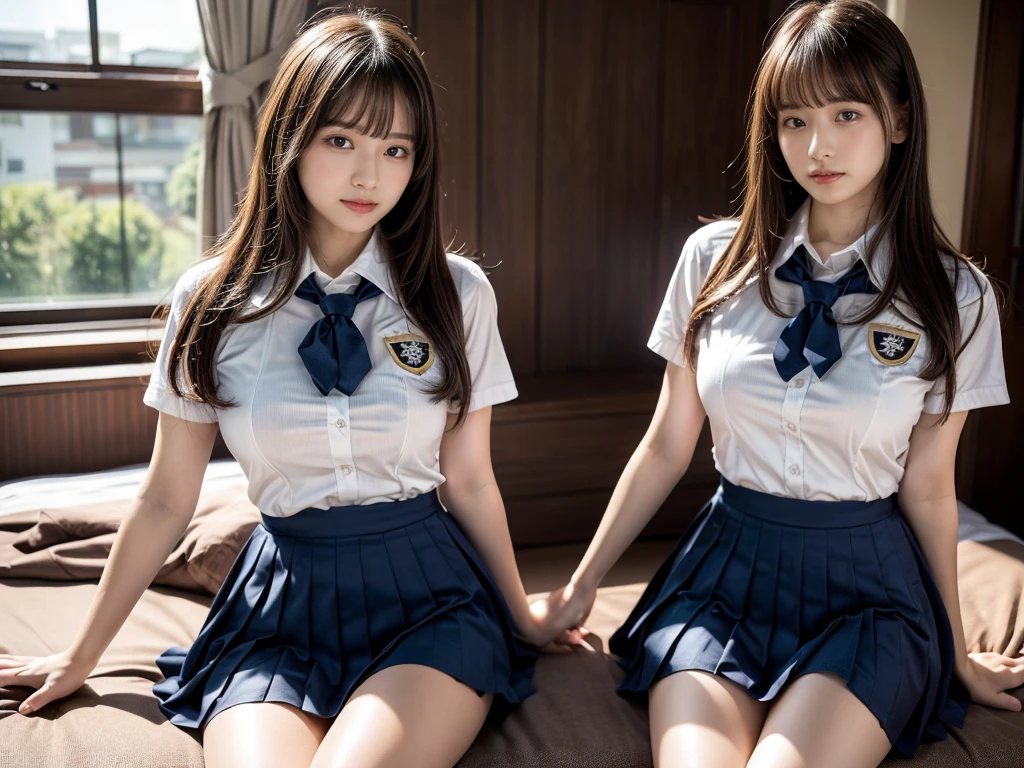 (RAW photo, 4k, masterpiece, high resolution, extremely complex) (realistic: 1.4), cinematic lighting
((2 girls, 2 schoolgirls)),Slam Dunk's,blushing,((innocent)),(Dark makeup),bright eyes,round eyes,blunt bangs,(straight hair:1.3),black hair,large breasts,wide hips,Summer Noon, 20 year old girl、cute type、lolita,Hot, (Best Quality), (Highres), (an Extremely Delicate and Beautiful),(Beautiful 8k face),(Brown eyes),short bob hair,( spectators),(gigantic breasts),(Play with each other,Touching each other's bodies,Touching the body),(Japanese high school uniform:1.3),blue skirt,(reality),bright lighting,(The background is a luxury hotel room)