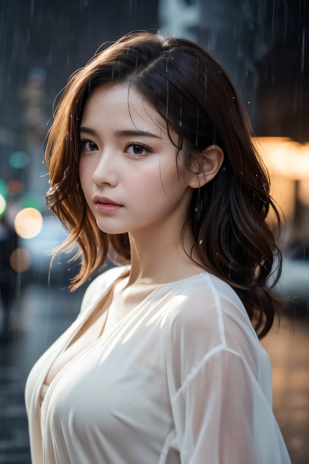 face focus, best quality, super fine, 16k, incredibly absurdres, extremely detailed, delicate and dynamic, beautiful woman with a hopeless expression, drenched by a sudden heavy rain, forehead, ivory messy wavy short wet hair, background cityscape in heavy rain
