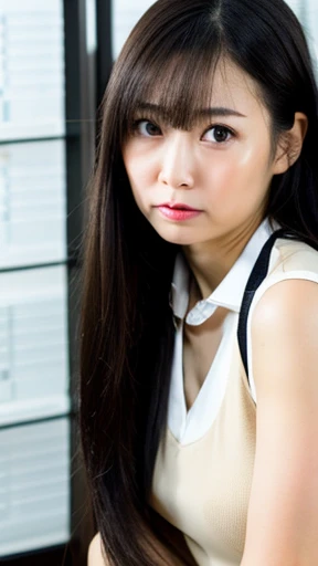 Pure girl, OL, Purely Japanese characteristics, A little plump, light makeup, , Natural and realistic eyes, office, Black business suit, White skip-collar blouse, Beige pantyhose, Black pumps, Staring at me with a crying expression