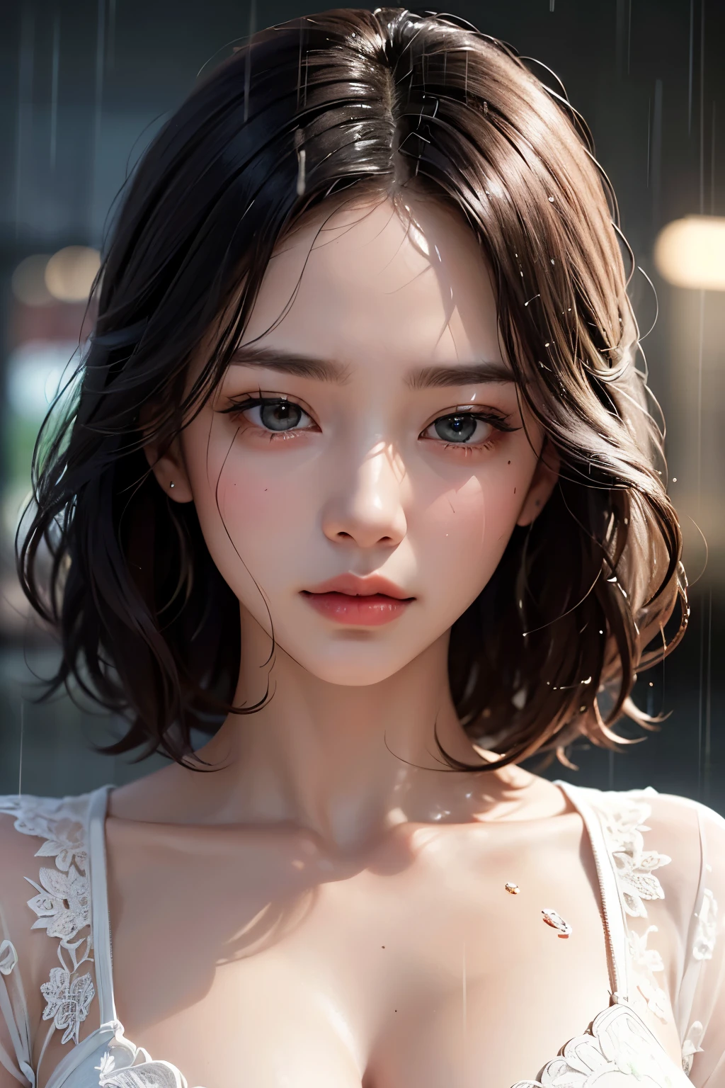 face focus, best quality, super fine, 16k, incredibly absurdres, extremely detailed, delicate and dynamic, beautiful woman with a hopeless expression, drenched by a sudden heavy rain, forehead, ivory messy wavy short wet hair, background cityscape in heavy rain