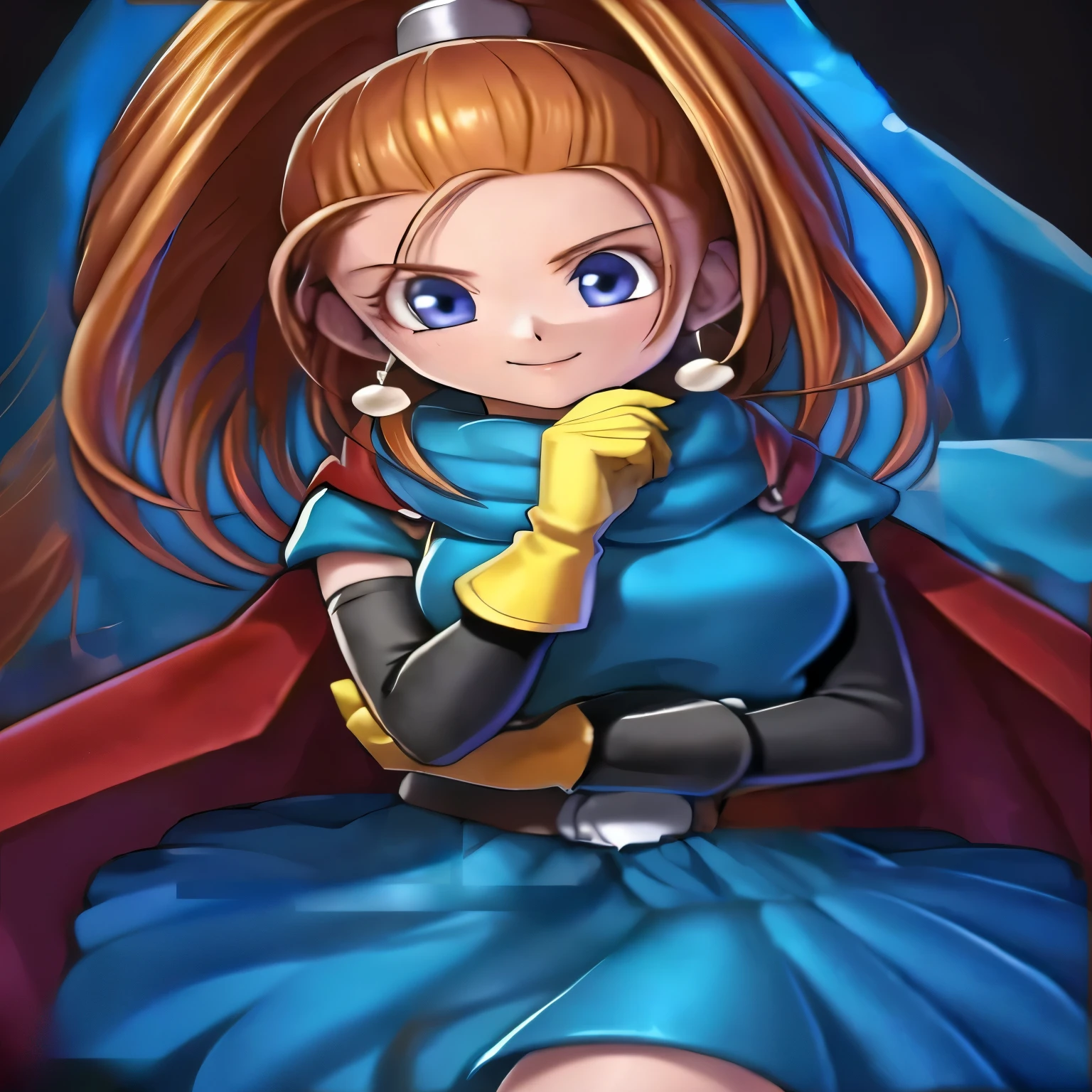 Cartoon drawing of a woman in a blue dress and cape, Saiyan Girl, Portrait of a girl in the Knights of the Zodiac, Created by Anime Painter Studio, Natalie in an epic battle fantasy, Female protagonist 👀 :8, Advanced Digital Animation Art”, Final Fantasy Tactics characters, Female protagonist, Blue Cape, Official Art, Artistic, High quality anime art style, Painted in an anime artist's studio,Edge emphasis,round silver belt buckle,Starry sky background,