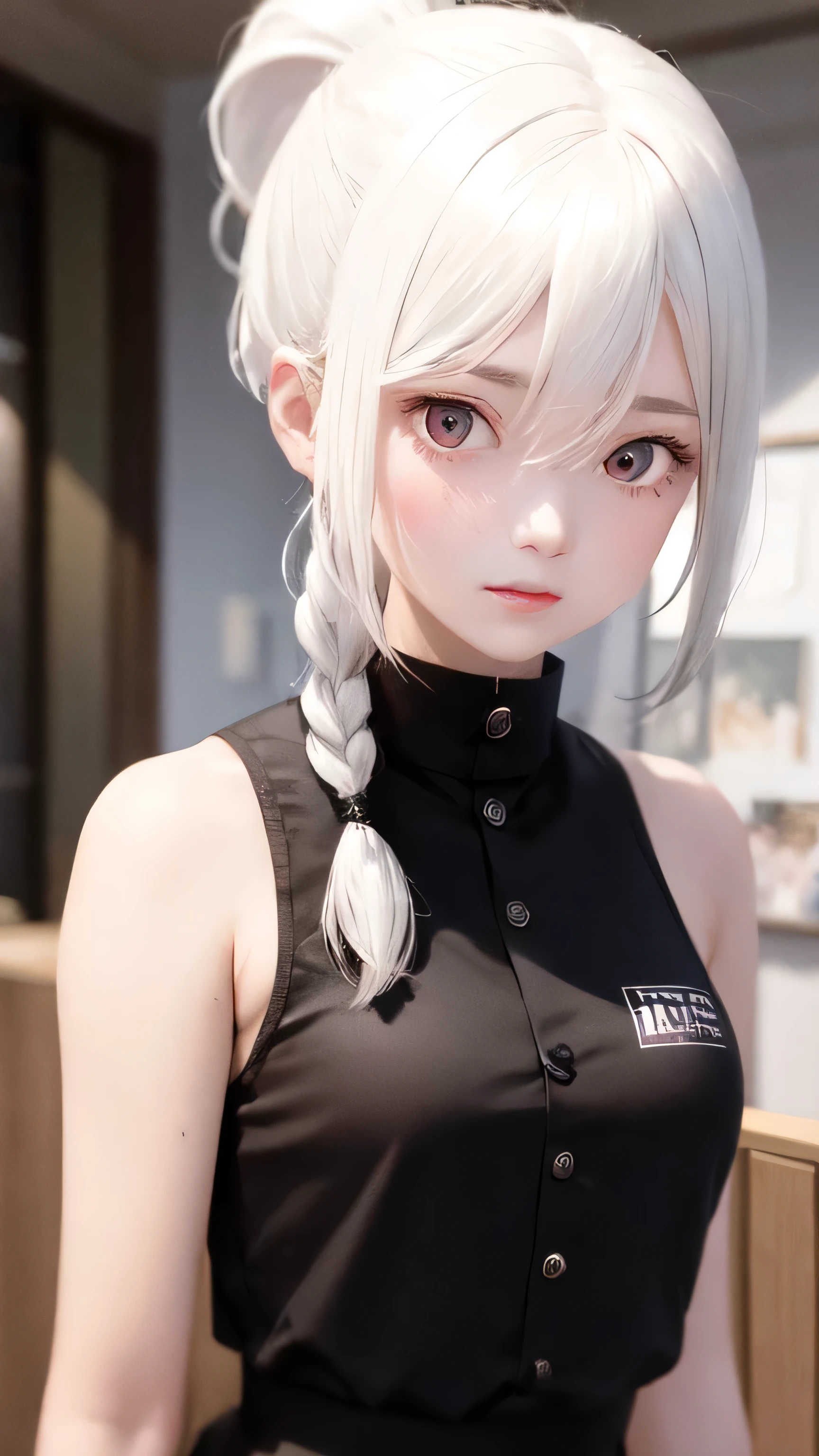 best quality, masterpiece,white hair Ponytail, 1girl, red eyes,black uniform, looking at viewers,upper body,hair strand,Fair skin,side braids