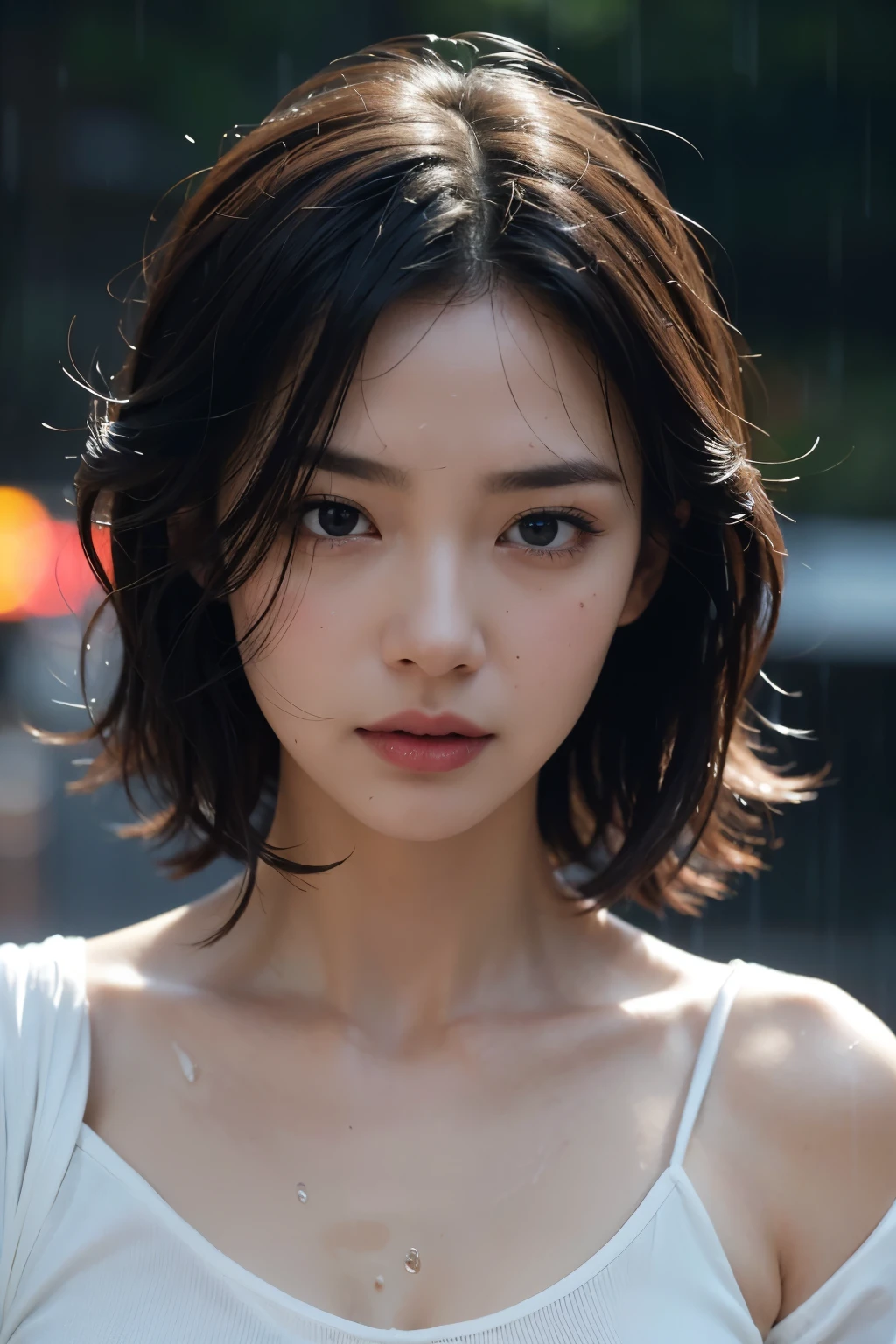 face focus, best quality, super fine, 16k, incredibly absurdres, extremely detailed, delicate and dynamic, beautiful woman with a hopeless expression, drenched by a sudden heavy rain, forehead, ivory messy wavy short wet hair, background cityscape in heavy rain