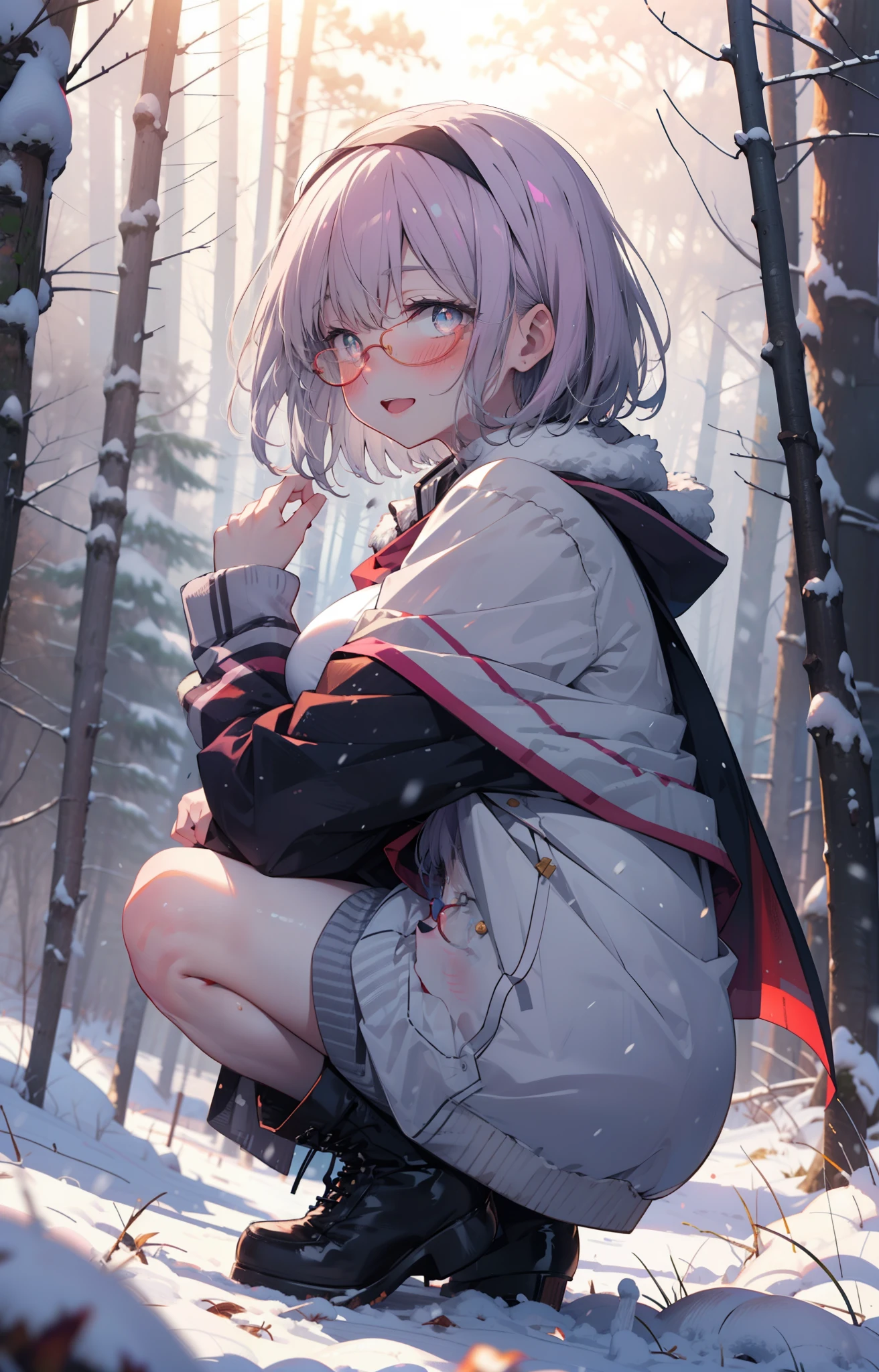 akaneshinjou, shinjou akane, Light purple hair, (Pink Eyes:1.2), short hair,Akagi Glasses,hair band,smile,blush,White Breath,Big Breasts,
Open your mouth,snow,Ground bonfire, Outdoor, boots, snowing, From the side, wood, suitcase, Cape, Blurred, , forest, White handbag, nature,  Squat, Mouth closed, Cape, winter, Written boundary depth, Black shoes, red Cape break looking at viewer, Upper Body, whole body, break Outdoor, forest, nature, break (masterpiece:1.2), highest quality, High resolution, unity 8k wallpaper, (shape:0.8), (Beautiful and beautiful eyes:1.6), Highly detailed face, Perfect lighting, Extremely detailed CG, (Perfect hands, Perfect Anatomy),