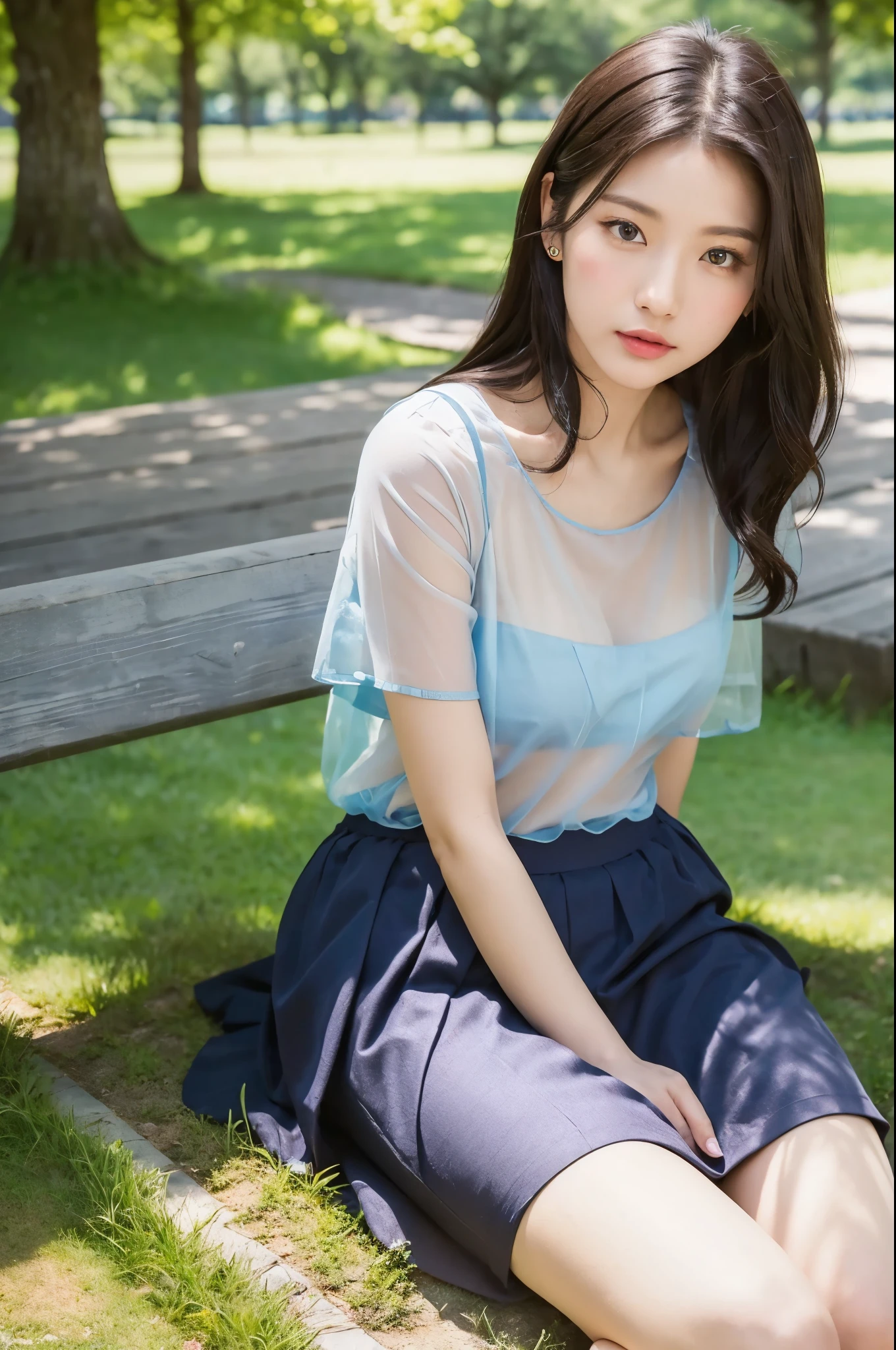 (((masterpiece))), (((highest quality: 1.4))), ((Super detailed: 1.4)) , ulzzang-6500-v1.1, (RAW Photos:1.2), (Realistic), (See through:1.3), (masterpiece), (Genuine:1.4), Very detailed, Sharp focus, Japanese girl sitting on the grass in the park, Sit knee-to-knee、Sit on one's buttocks、Holding my knees、A young and cute gravure idol, (Ultra-realistic pantyhose), Chiho, Beautiful face with arms and legs, realistic Young Gravure Idol, Yoshitomo Nara, Young Japanese girl, Young Gravure Idol, Young Sensual Gravure Idol, Young and skinny gravure idol, Cute young woman