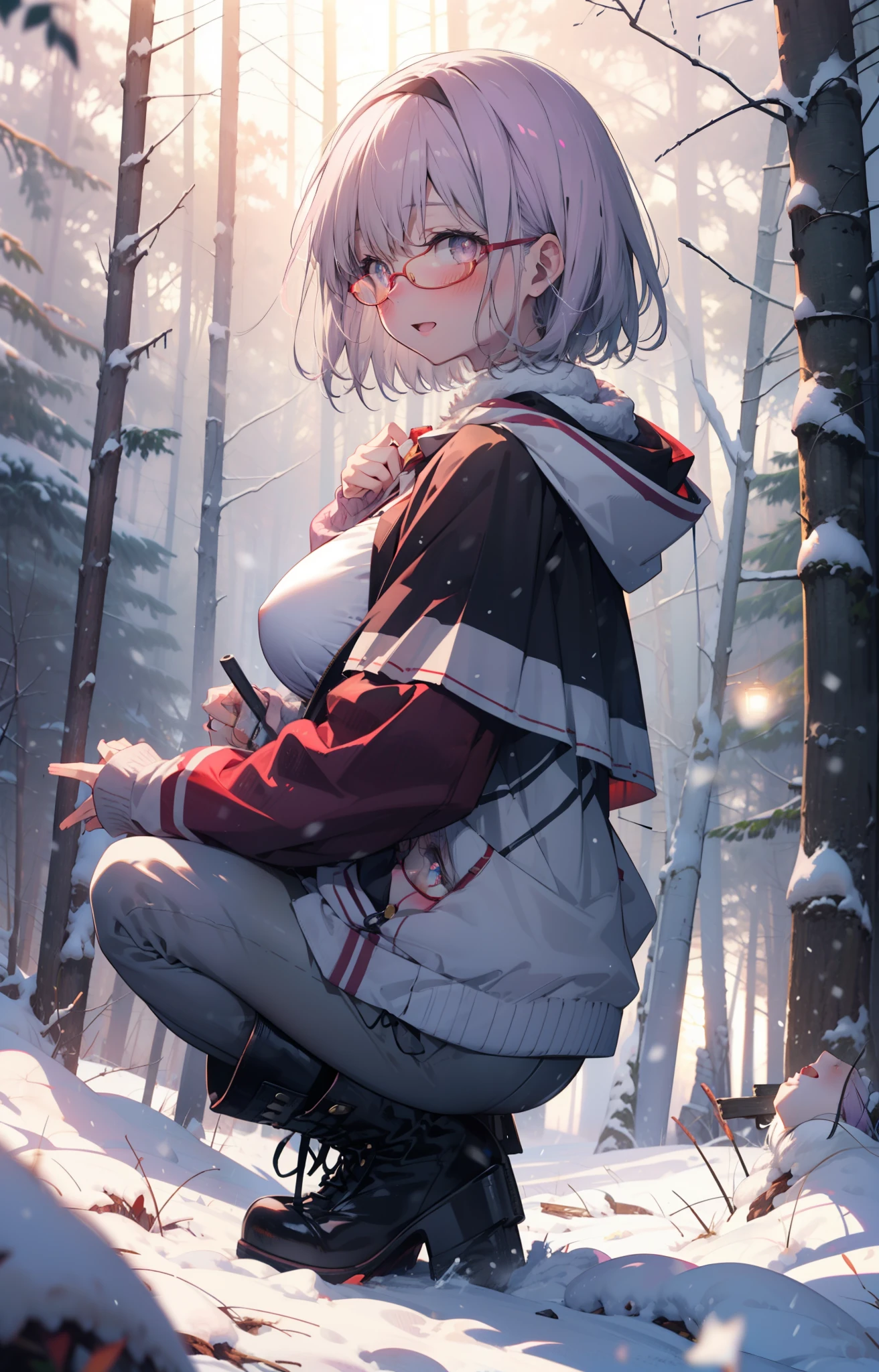 akaneshinjou, shinjou akane, Light purple hair, (Pink Eyes:1.2), short hair,Akagi Glasses,hair band,smile,blush,White Breath,Big Breasts,
Open your mouth,snow,Ground bonfire, Outdoor, boots, snowing, From the side, wood, suitcase, Cape, Blurred, , forest, White handbag, nature,  Squat, Mouth closed, Cape, winter, Written boundary depth, Black shoes, red Cape break looking at viewer, Upper Body, whole body, break Outdoor, forest, nature, break (masterpiece:1.2), highest quality, High resolution, unity 8k wallpaper, (shape:0.8), (Beautiful and beautiful eyes:1.6), Highly detailed face, Perfect lighting, Extremely detailed CG, (Perfect hands, Perfect Anatomy),