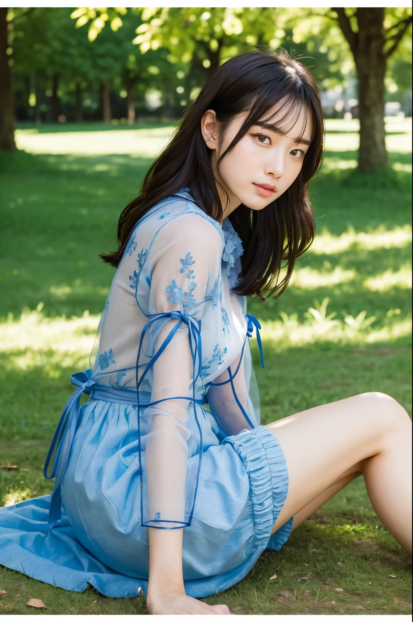 (((masterpiece))), (((highest quality: 1.4))), ((Super detailed: 1.4)) , ulzzang-6500-v1.1, (RAW Photos:1.2), (Realistic), (See through:1.3), (masterpiece), (Genuine:1.4), Very detailed, Sharp focus, Japanese girl sitting on the grass in the park, Sit knee-to-knee、Sit on one&#39;s buttocks、Holding my knees、A young and cute gravure idol, (Ultra-realistic pantyhose), Chiho, Beautiful face with arms and legs, realistic Young Gravure Idol, Yoshitomo Nara, Young Japanese girl, Young Gravure Idol, Young Sensual Gravure Idol, Young and skinny gravure idol, Cute young woman