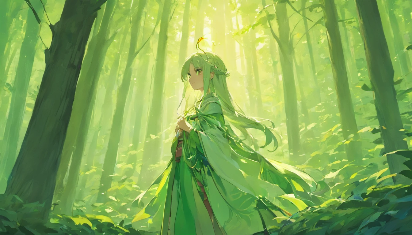 "In a lush, serene forest, a young-looking elf woman in her 40s stands gracefully. She has long, silver hair flowing down her shoulders and piercing, kind eyes. Her ears are pointed, characteristic of elves. She is dressed in a white tunic and a green cloak fastened with a golden brooch. She stands with a gentle, contemplative expression, her hands delicately clasped in front of her. A wooden staff adorned with fresh green leaves rests against her side. The forest around her is filled with tall trees, their trunks bathed in soft, dappled sunlight filtering through the dense canopy above, creating a tranquil and enchanting atmosphere."