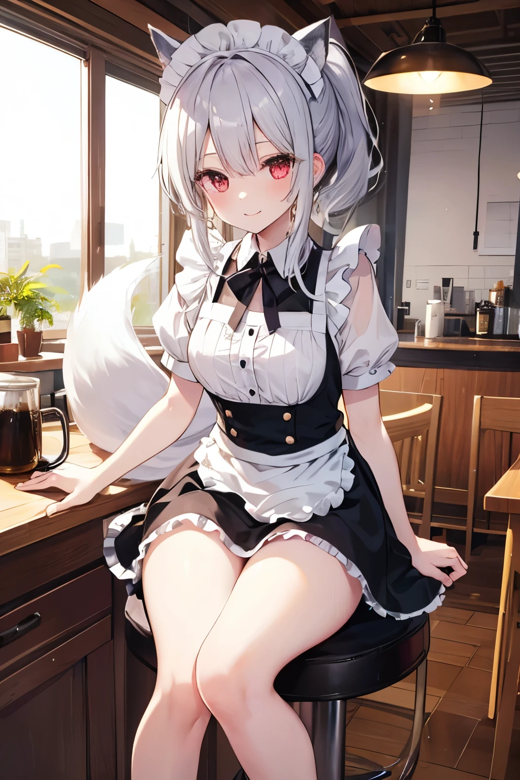 Silver Hair、Red Eye、Fox ears、girl、Small breasts、ponytail、girl、Small breasts、Lolita、Bright smile、Looks about 15 years old、Petan Musume、Short、目のhighlight、Sexy thighs、Wearing maid uniform、Have a coffee、Your eyes are so beautiful、highlight