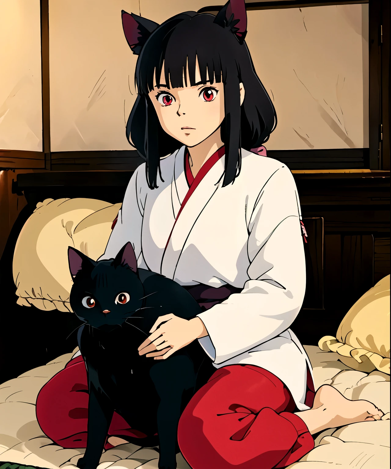 (junkotvv), (cabello largo color negro con orejas de gato y (ojos rojos)), sentada, In a room,((bedroom estilo oriental)),(Uniforme de secundaria japones), uniforme de marinerito, (ghibli style)