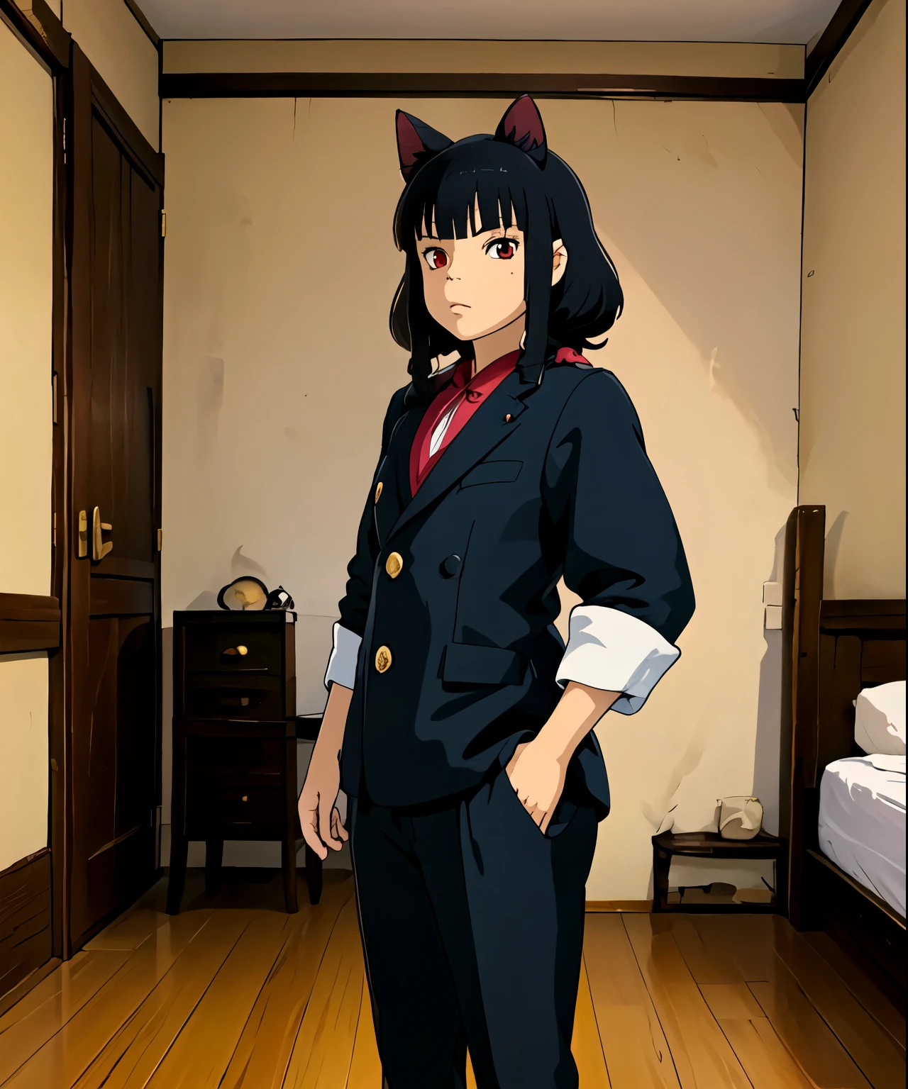 (junkotvv), (cabello largo color negro con orejas de gato y (ojos rojos)), sentada, In a room,((bedroom estilo oriental)),(Uniforme de secundaria japones), uniforme de marinerito, (ghibli style)