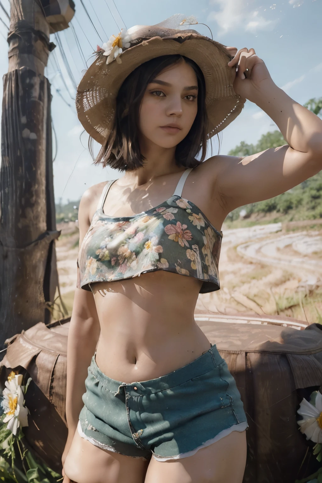 ((best quality, 8ก, Masterpiece: 1.3)), (flower hat: 1.3), Point of interest: 1.2, perfect body beauty: 1.4, bottom: 1.2, (Layered haircut: 1.2)), (dark road: 1.3), Highly detailed facial and skin textures, full body, delicate eyes, Double eyelids, Whiter skin, long hair, (round face: 1.5), (Loose crop top, shorts: 1.6) thailand