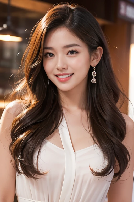 highest quality、4K、Perfect Face、Perfect Style、Sunburn、Long Layer Hair、beautiful、stylish appeal、Mature、Curly Hair、Swept-back hair、dinner 、full body, giddy-smile
