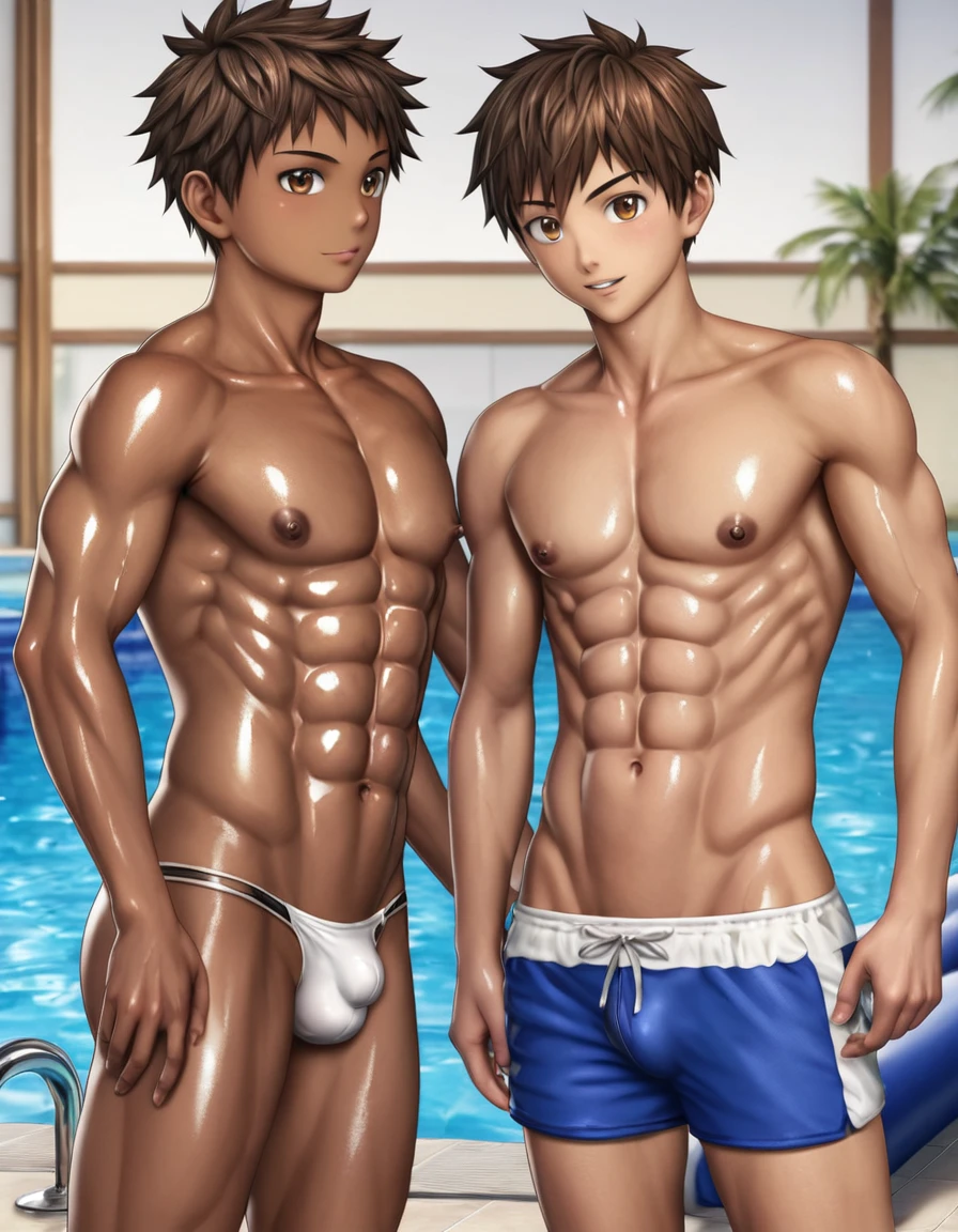 high quality, detailed, 22 years old bulky japanese boy, detailed brown eyes, (abs:1.5), (dark brown shiny skin:1.5), (detailed areola:1.5), black short hair, (black tiny thong), (puffy bulge), pool