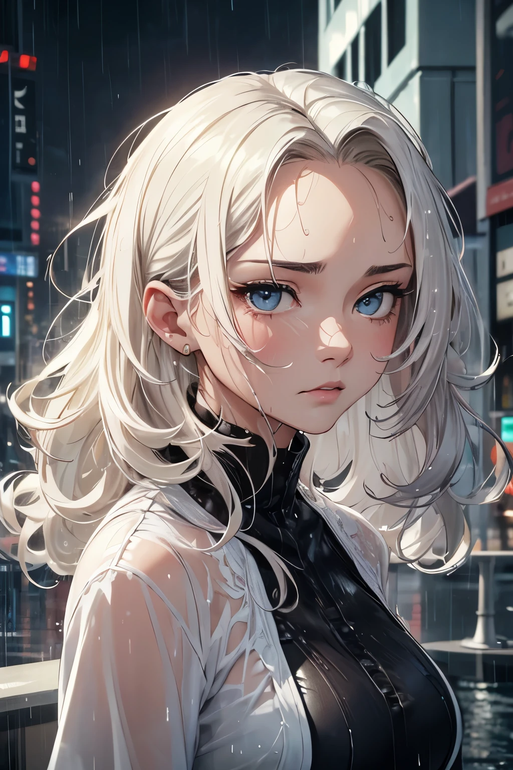 face focus, best quality, super fine, 16k, incredibly absurdres, extremely detailed, delicate and dynamic, beautiful woman with a hopeless expression, drenched by a sudden heavy rain, forehead, ivory messy wavy short wet hair, background cityscape in heavy rain