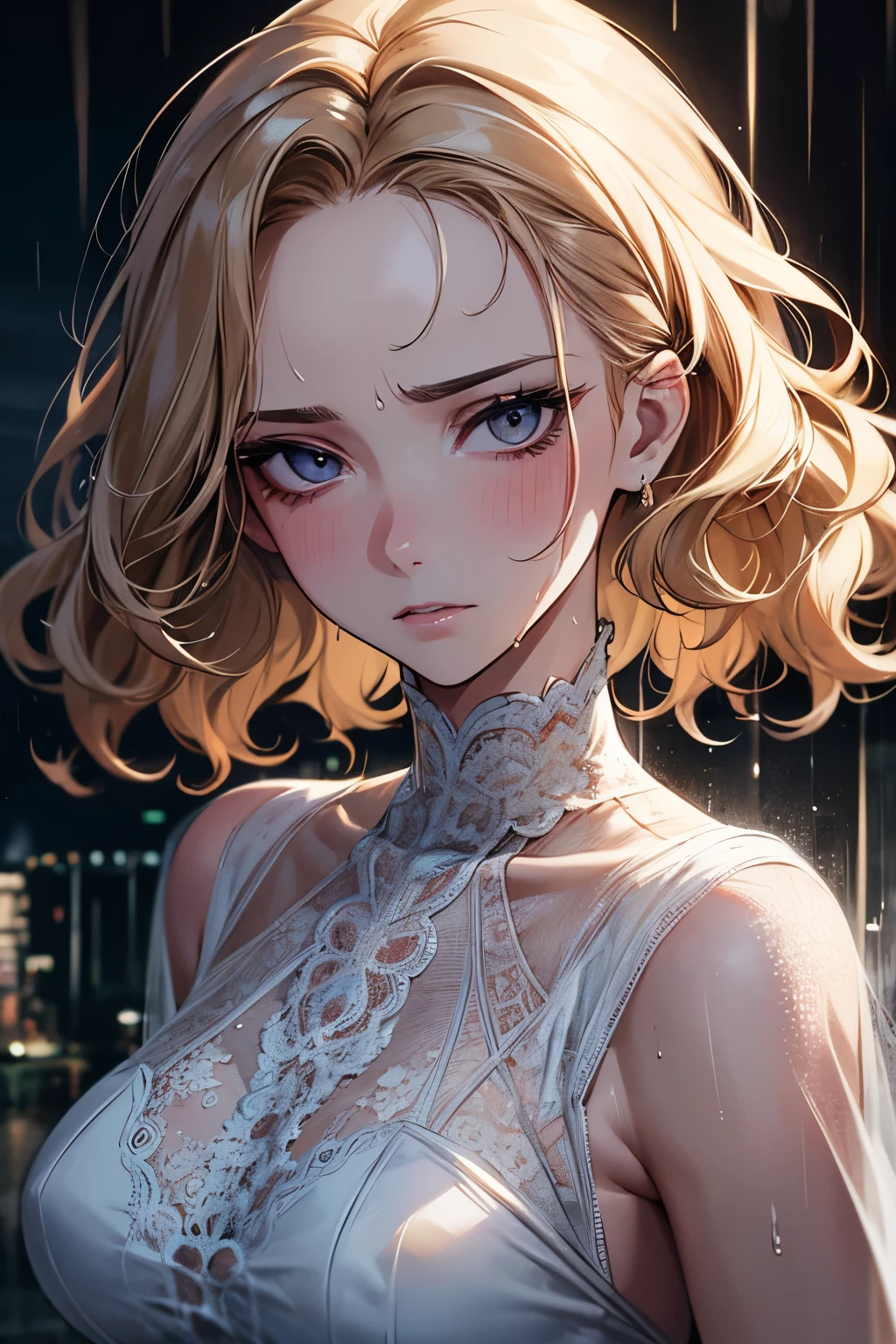 face focus, best quality, super fine, 16k, incredibly absurdres, extremely detailed, delicate and dynamic, beautiful woman with a hopeless expression, drenched by a sudden heavy rain, forehead, ivory messy wavy short wet hair, background cityscape in heavy rain