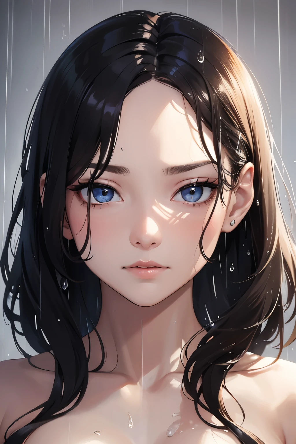 face focus, best quality, super fine, 16k, incredibly absurdres, extremely detailed, delicate and dynamic, beautiful woman with a hopeless expression, drenched by a sudden heavy rain, forehead, ivory messy wavy short wet hair, background cityscape in heavy rain