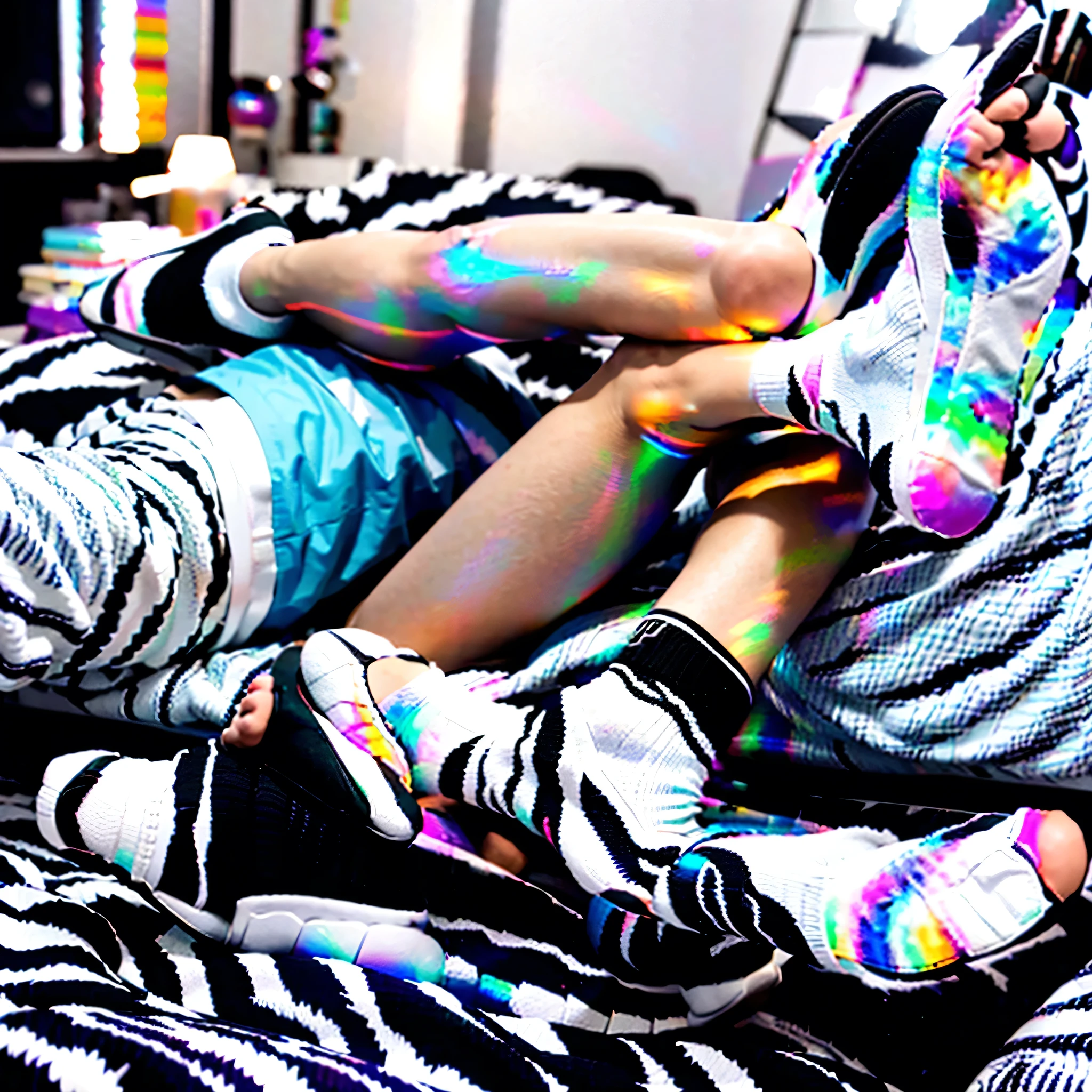 photo of white socks, thick transluscent seifirokai black school shoes on top, soles showing, athletic legs and feet, legs crossed, no bling, wearing skirt with zebra print pattern, sitting at home in bed, posted to snapchat in 2098 --ar 3:4