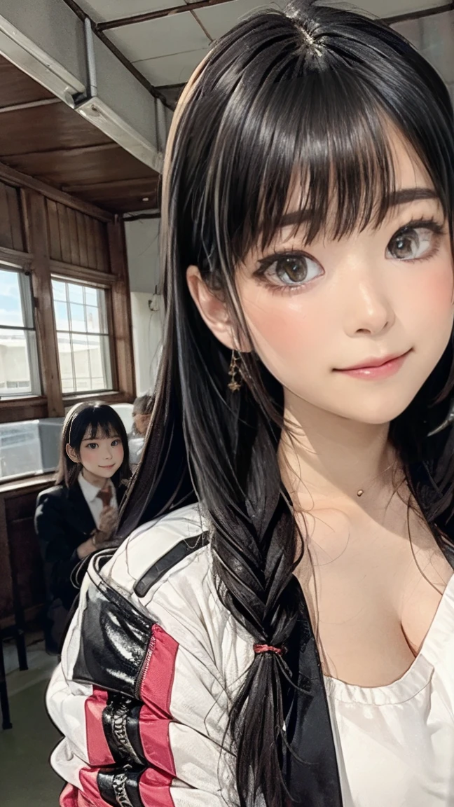 ((((highest quality)))), (((Ultra-precision CG 16K))), (((masterpiece))), (((Very detailed))), (((Extremely detailed))), (((Black outline:1.3, Written boundary depth:1.3 , Written soft outline))), Blur, Bokeh, Maximum clarity and sharpness,Multilayer Texture, Surface Shading, Cinematic lighting, Beautiful details sparkle ,Perfect Proportions, Limited to one woman, BREAK accurate, Anatomically correct, Highly detailed face and skin texture, drawn in detail, Highly detailed  and skin texture, Detailed eyes, beautiful hair, Beautiful Japanese Idol face, Beautiful and beautiful eyes, Beautiful body, Beautiful breasts, Beautiful thighs, Beautiful legs, Beautiful fingers, (Beautiful views) , skinny body,  ((Beautiful Skin)), ((Skin Texture)) BREAK breast enlarged, large Breasts, perky , (blush, smiling:1.3, brown eyes, pink cheek, Double eyelids, Thin eyebrows, narrow eyes:1 Natural cheeks, Glossy skin, Fair skin:1.2, (Glossy lips:1.4, shiny lips: 1.4 ), high school student, Attractive adult woman ) , twin braid, Long Hair, Striped Hair, Hair Intake, Inner hair color, BREAK (casual, wearing outerwear outfits to button up:1.3) , nail art, necklace, Bridal Ring, wearing a watch BREAK standing:1.3 , from front, from below , (full body shot:1.3), looking at viewer, 