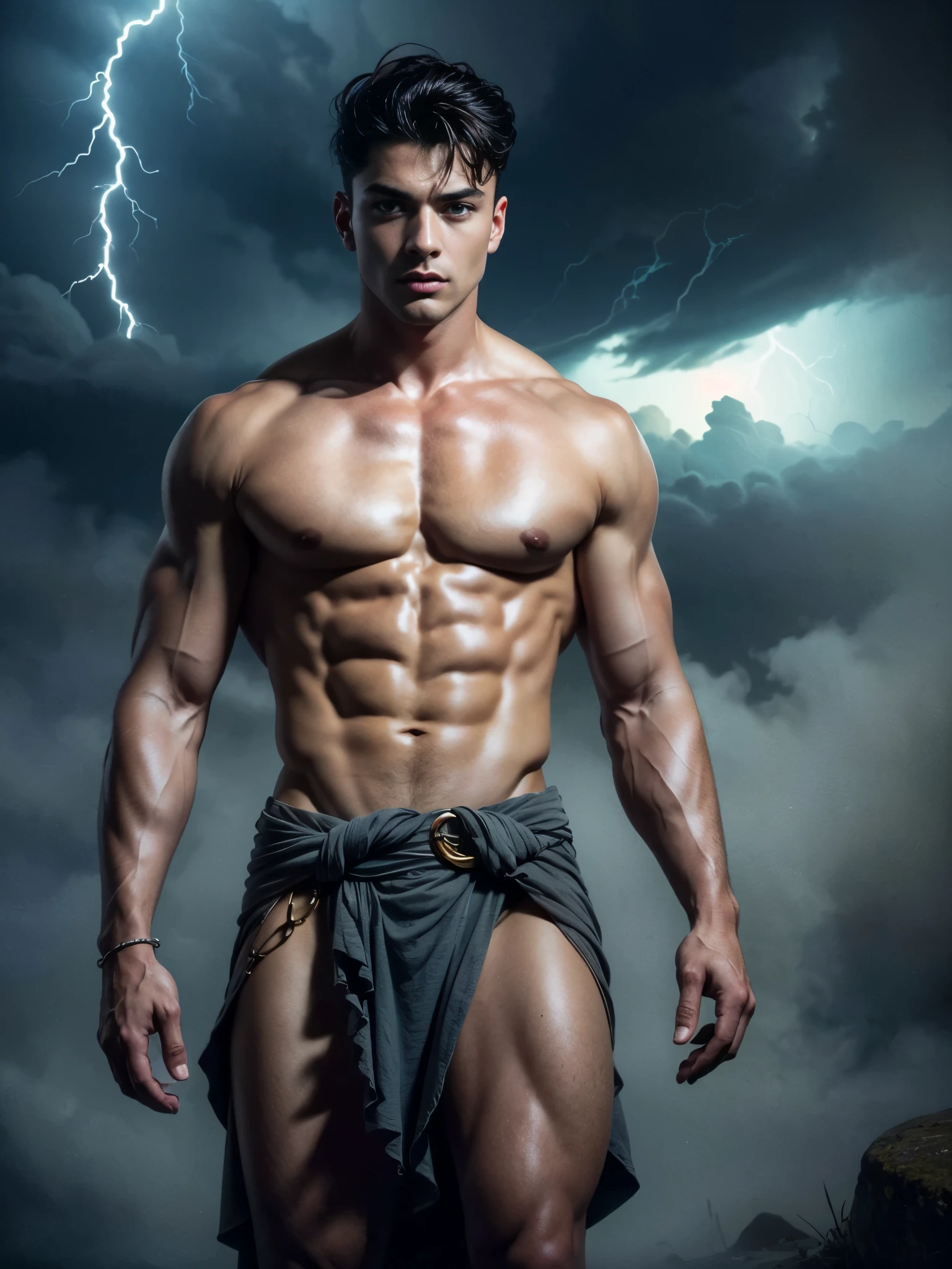 ((masterpiece)),((best quality)),8k, high detailed, ultra-detailed, Stylish Pose, real skin texture, dark cinematic lighting, 24 year-old Italian male model, barechested, shirtless, handsome italian, cute looking, divine look, powerful light blue eyes, Zeus god, god of thunder, Jupiter, godly, , bending electricity, displaying the ability to manipulate lightning, creating massive lightning, white pale skin, roman god physic, intense blue eyes, dry hair dry short brown messy hair, strong jawline, masculine, muscular, defined fit body, hairless chest, shirtless, pantless, open sea, sinister aesthetic, black storm clouds, arm bracelet, lightning, clouds, thunder, walking towards the camera, (isolated:1.4), in the wilderness, natural enviroment, (in the middle of nowhere:1.6), (tule fog:1.4), (in the middlea thick fog:1.3), night dark storm, barelegged, barechest, barefoot, antique linen spartan loincloth , white linen antique draped cloth skirt, golden chain in roman skirt,,,, dim light, dark atmosphere, cinematic lighting, Depth of field, award-winning photography, elegant, hyperrealistic, octane render, unreal, high definition, 8k resolution, highly detailed, 8k uhd, professional lighting, photon mapping, radiosity, physically-based rendering
