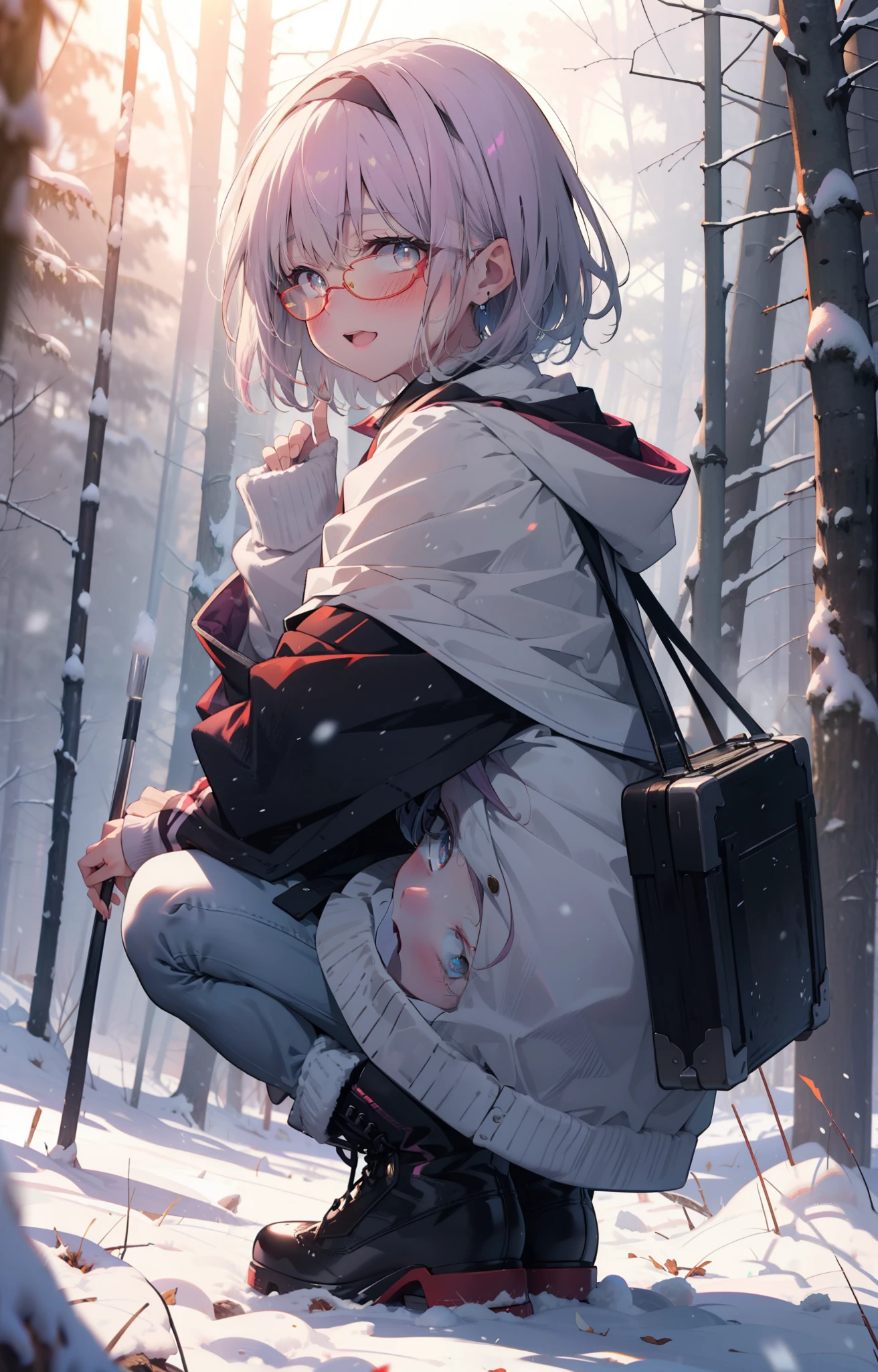 akaneshinjou, shinjou akane, Light purple hair, (Pink Eyes:1.2), short hair,Akagi Glasses,hair band,smile,blush,White Breath,Big Breasts,
Open your mouth,snow,Ground bonfire, Outdoor, boots, snowing, From the side, wood, suitcase, Cape, Blurred, , forest, White handbag, nature,  Squat, Mouth closed, Cape, winter, Written boundary depth, Black shoes, red Cape break looking at viewer, Upper Body, whole body, break Outdoor, forest, nature, break (masterpiece:1.2), highest quality, High resolution, unity 8k wallpaper, (shape:0.8), (Beautiful and beautiful eyes:1.6), Highly detailed face, Perfect lighting, Extremely detailed CG, (Perfect hands, Perfect Anatomy),