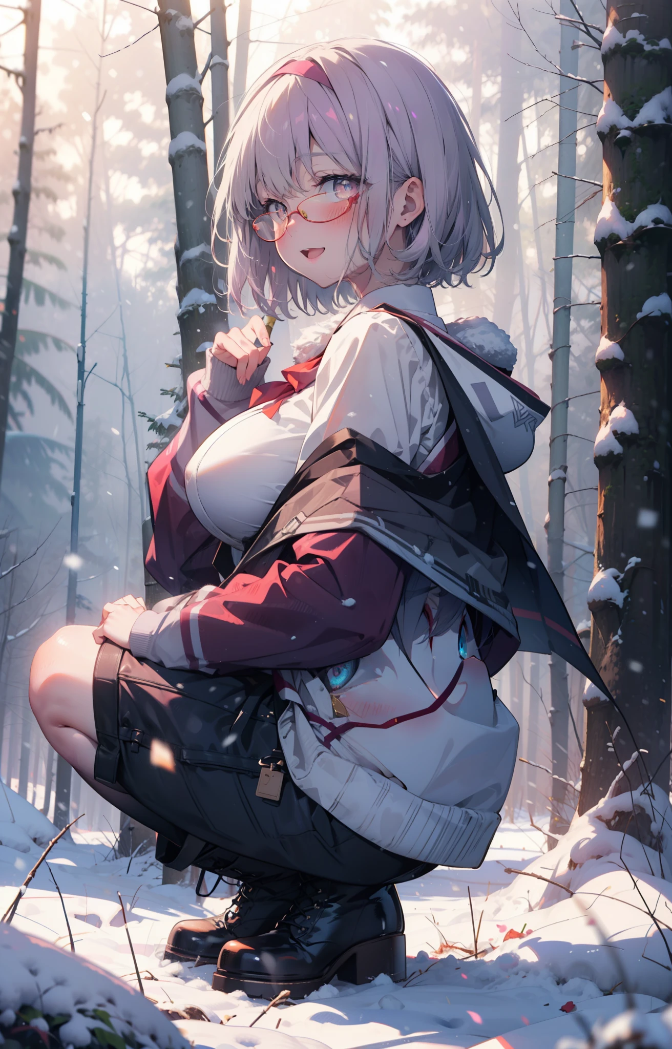 akaneshinjou, shinjou akane, Light purple hair, (Pink Eyes:1.2), short hair,Akagi Glasses,hair band,smile,blush,White Breath,Big Breasts,
Open your mouth,snow,Ground bonfire, Outdoor, boots, snowing, From the side, wood, suitcase, Cape, Blurred, , forest, White handbag, nature,  Squat, Mouth closed, Cape, winter, Written boundary depth, Black shoes, red Cape break looking at viewer, Upper Body, whole body, break Outdoor, forest, nature, break (masterpiece:1.2), highest quality, High resolution, unity 8k wallpaper, (shape:0.8), (Beautiful and beautiful eyes:1.6), Highly detailed face, Perfect lighting, Extremely detailed CG, (Perfect hands, Perfect Anatomy),