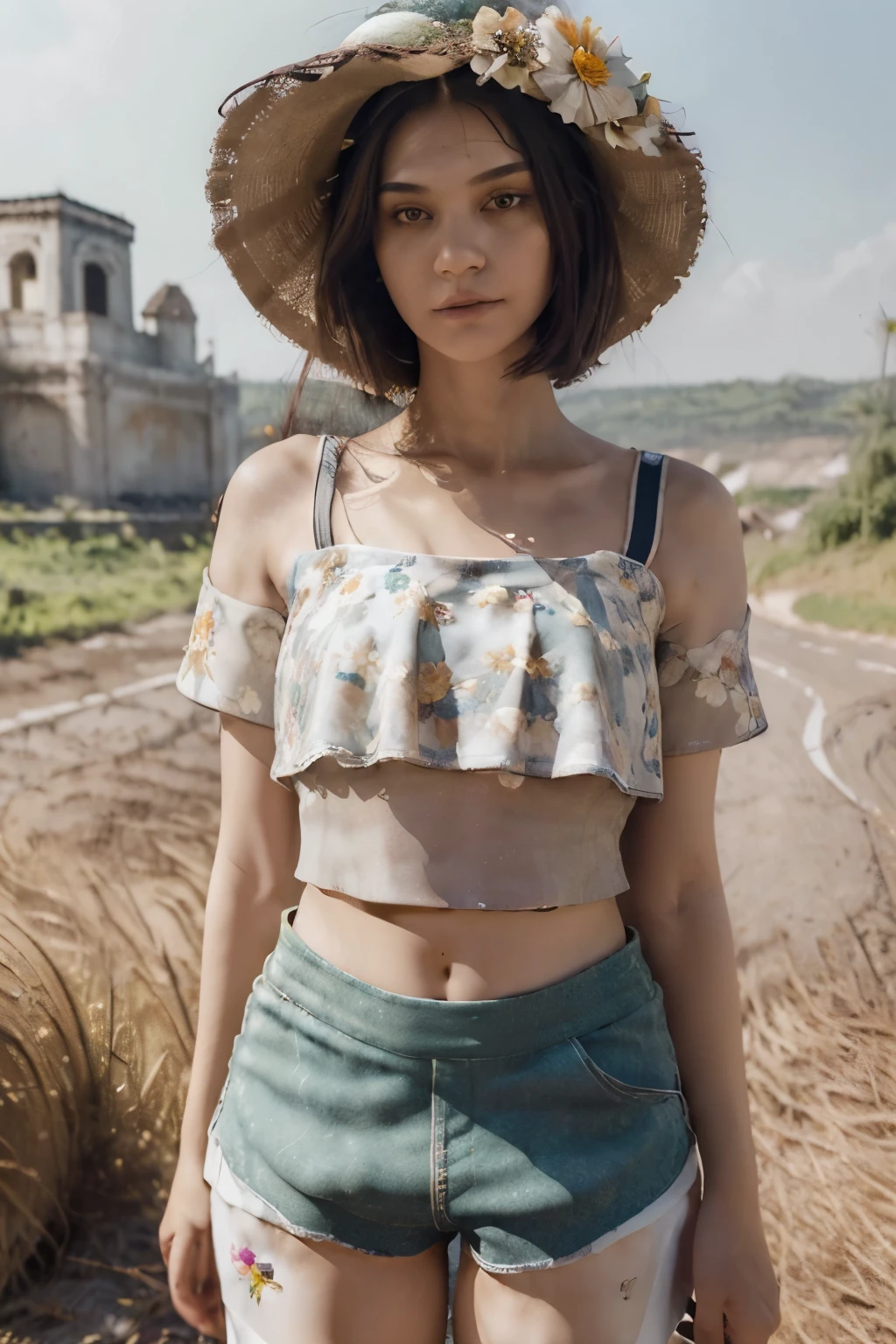 ((best quality, 8ก, Masterpiece: 1.3)), (flower hat: 1.3), Point of interest: 1.2, perfect body beauty: 1.4, bottom: 1.2, (Layered haircut: 1.2)), (dark road: 1.3), Highly detailed facial and skin textures, full body, delicate eyes, Double eyelids, Whiter skin, long hair, (round face: 1.5), (Loose crop top, shorts: 1.6) thailand